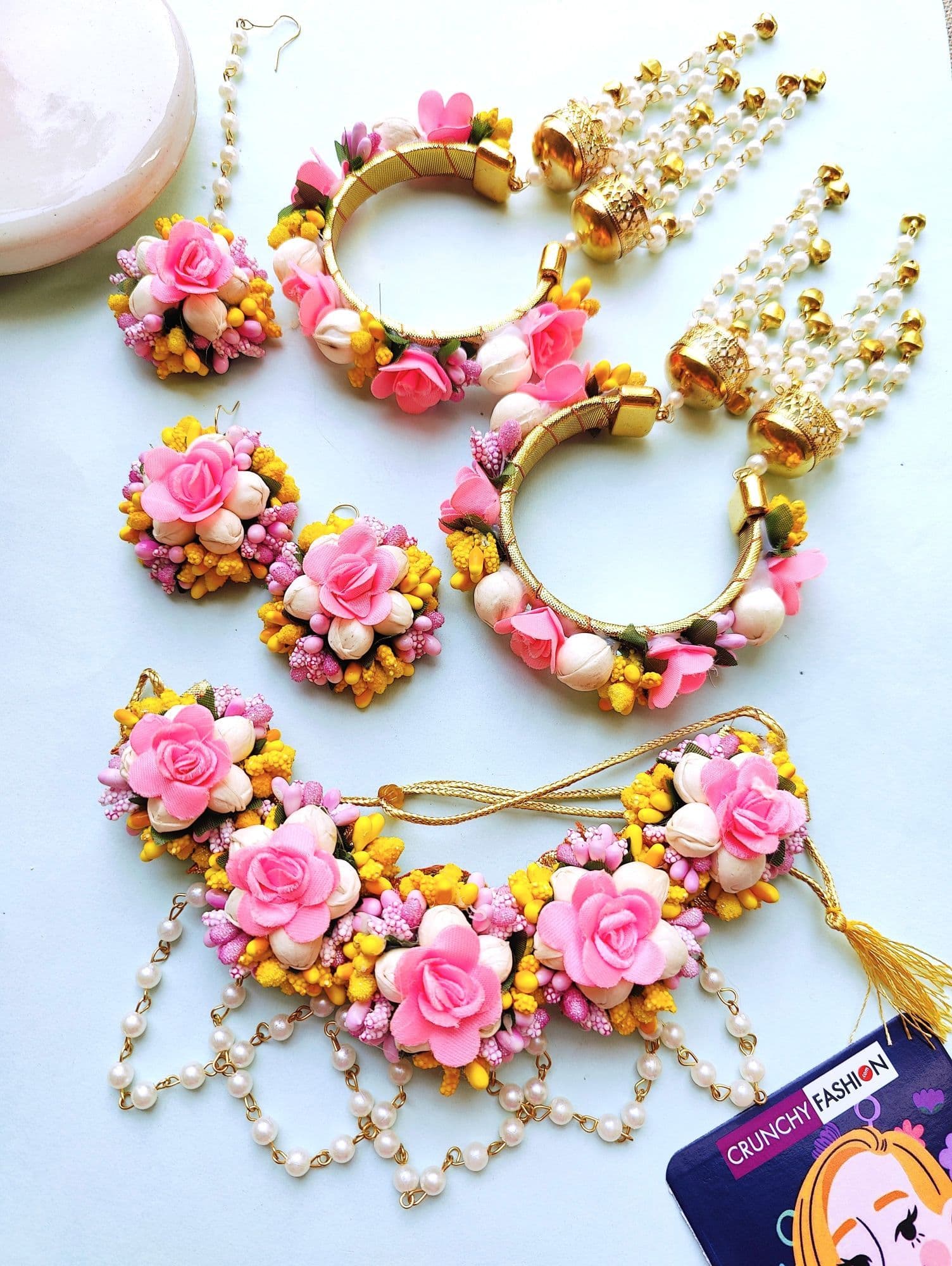 Handmade pastel pink-yellow artificial floral jewellery set ideal for haldi, mehndi and baby showers