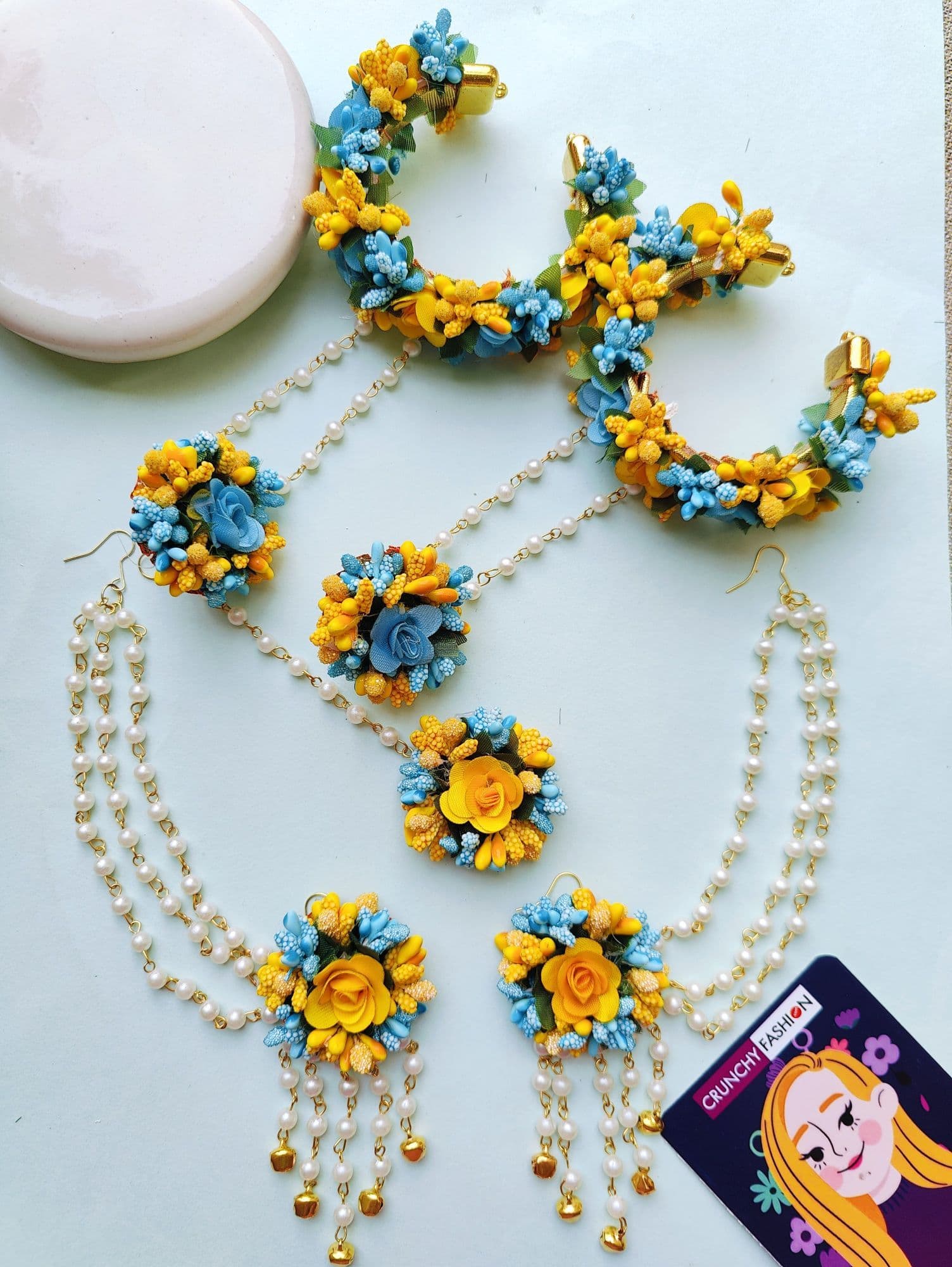 Handmade Yellow-Sky Blue floral jewellery set ideal for haldi and baby showers