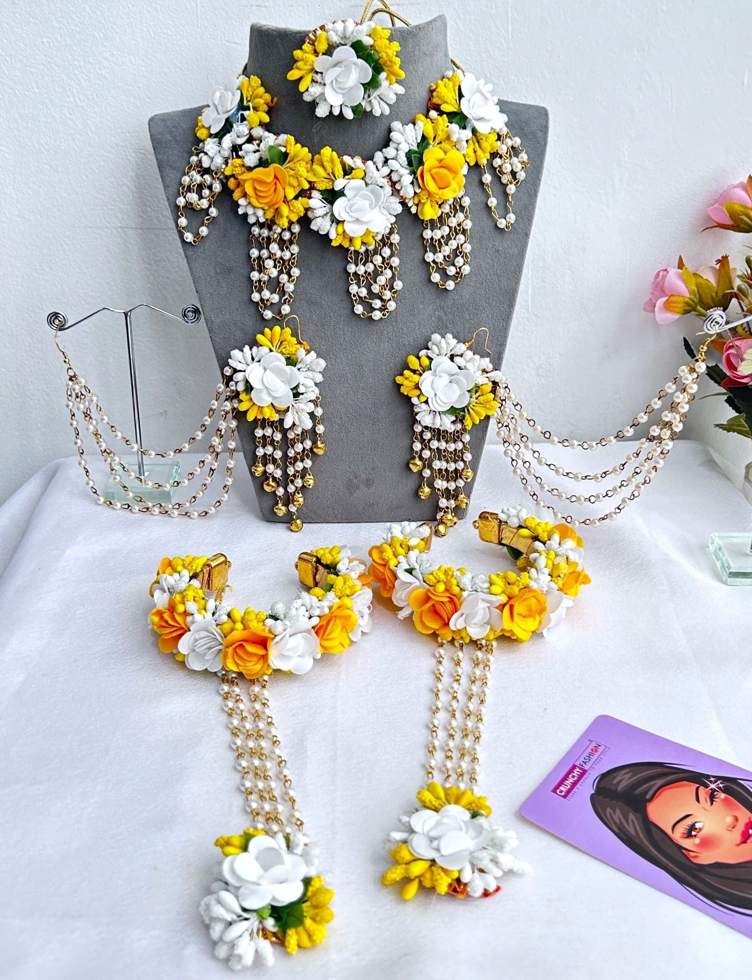 Handmade Yellow & White Floral Haldi Jewellery Set for Brides