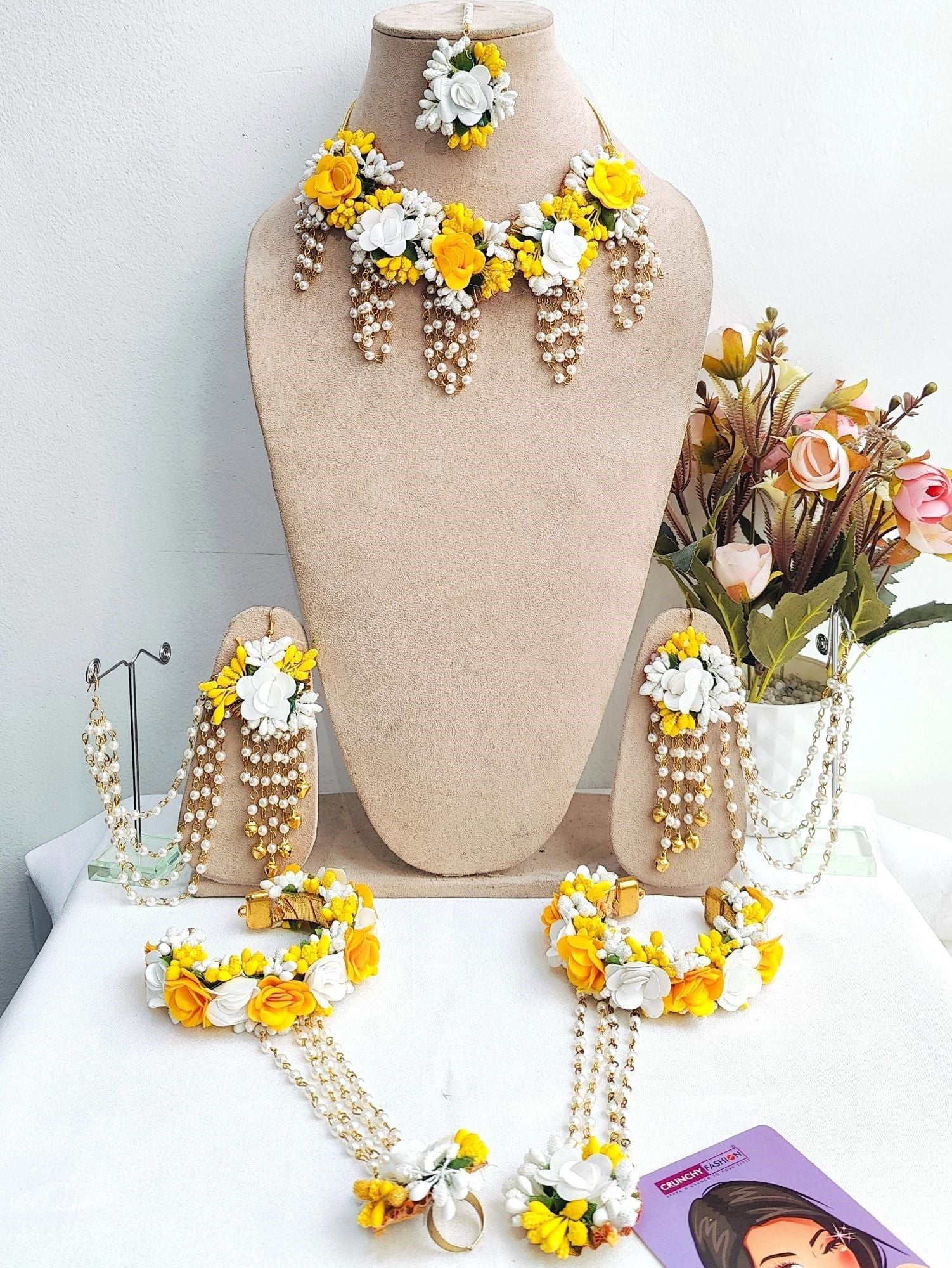Handmade Yellow & White Floral Haldi Jewellery Set for Brides