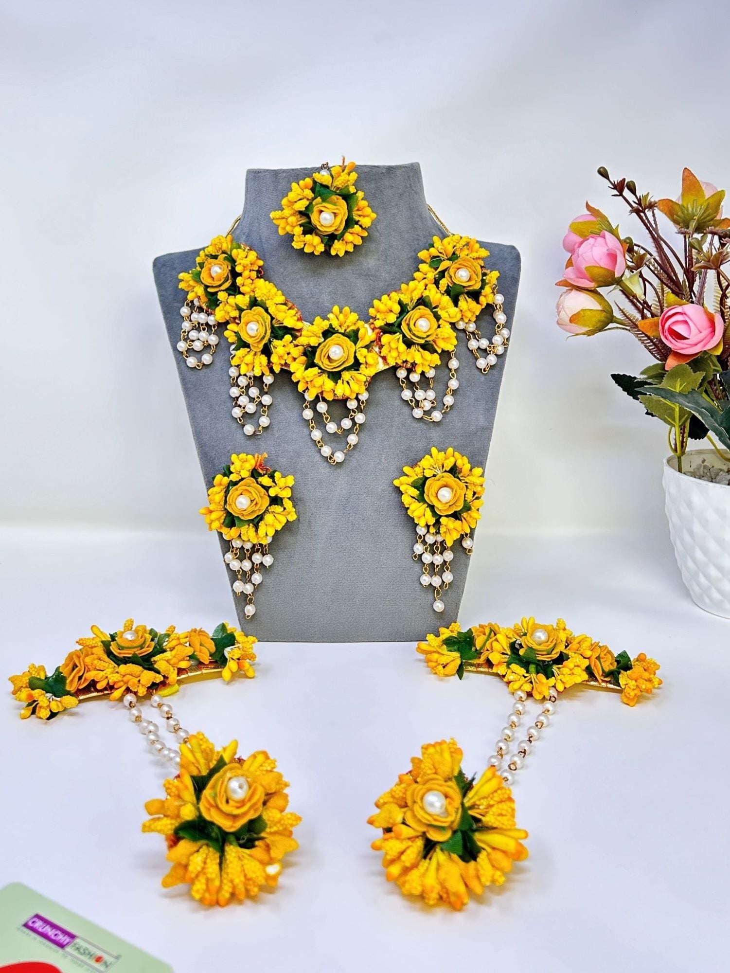 Yellow Floral Haldi Jewellery Set for Women with Tikka, Earrings & Hathphool
