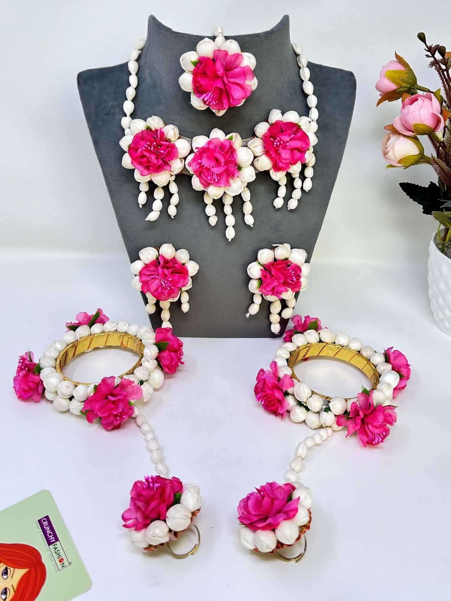 Pink Floral Haldi Jewellery Set for Women with Earrings, Tikka and Hathphool
