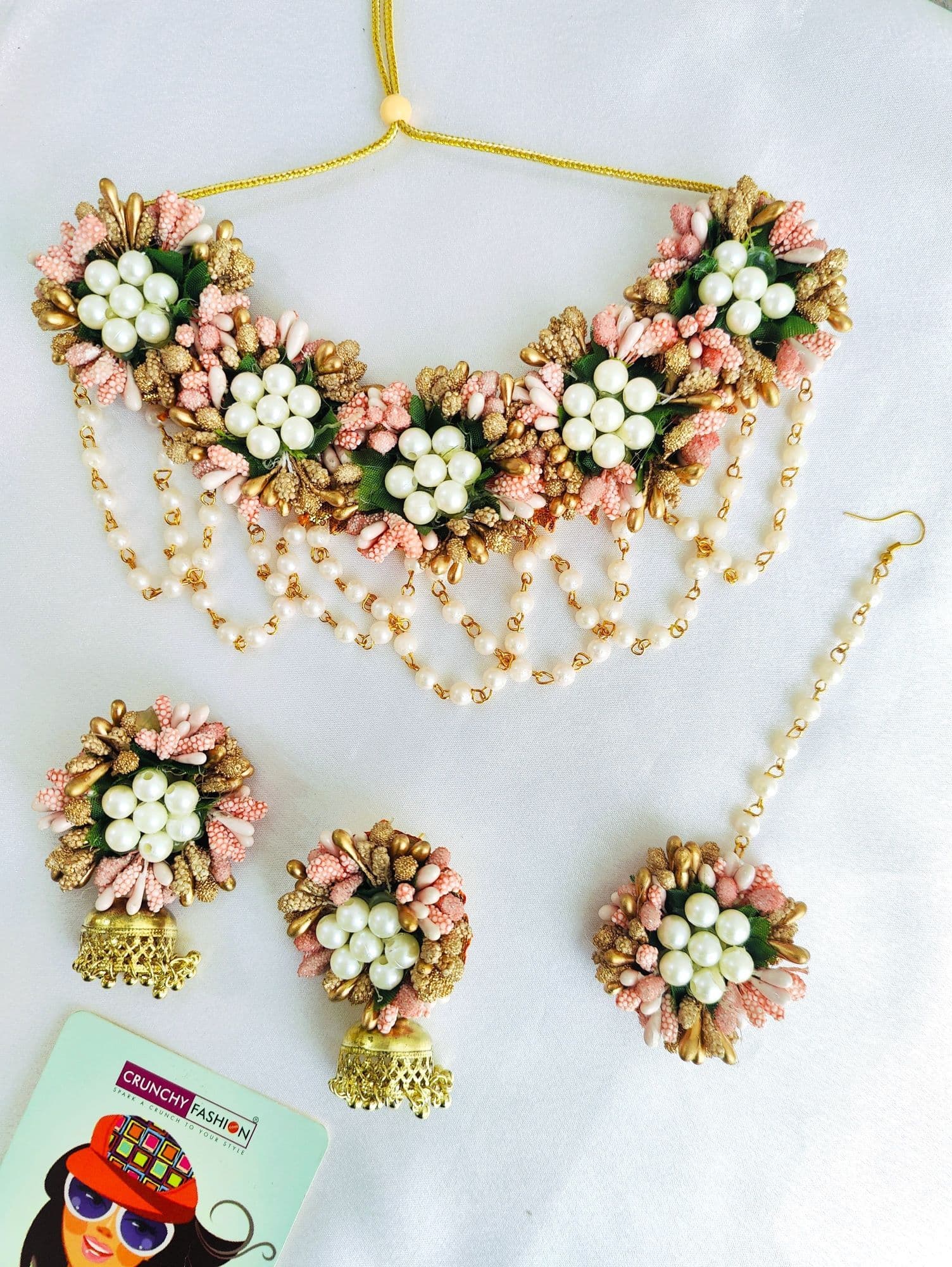 Peach and white floral jewellery set, perfect for haldi and mehndi