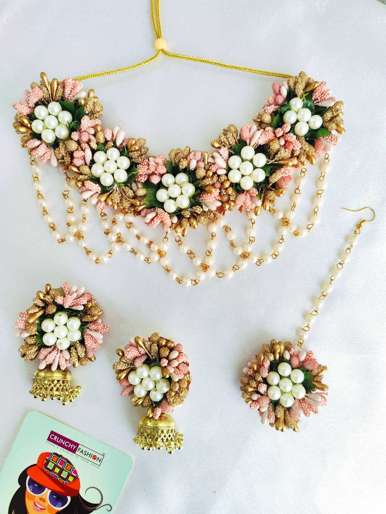 Pastel Pink Floral Haldi Jewellery Set with Earrings, Tikka and Bracelet