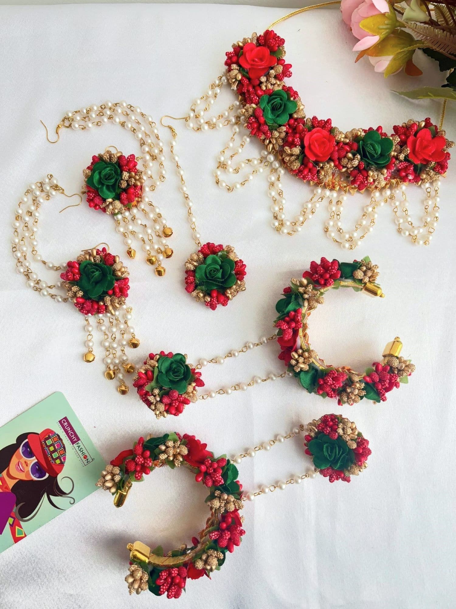Colorful ethnic bridal floral jewellery set, ideal for haldi and mehndi occasions, made from beads and pearls