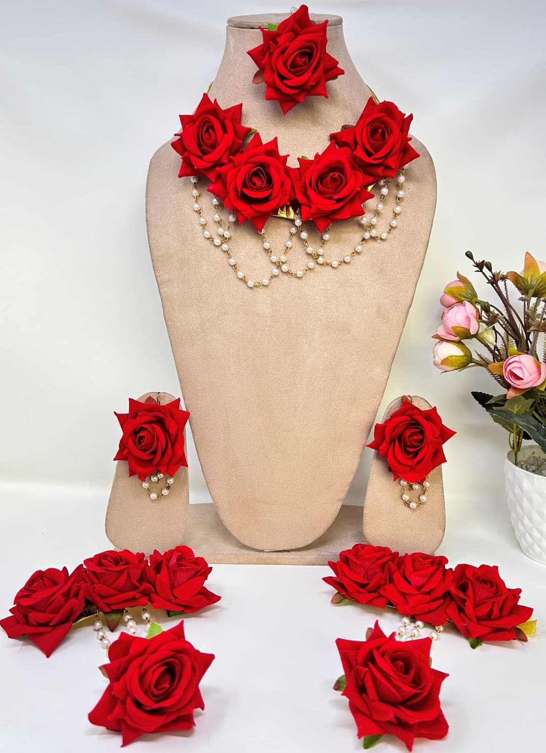 Red Rose Floral Jewellery Set for Haldi, Mehndi