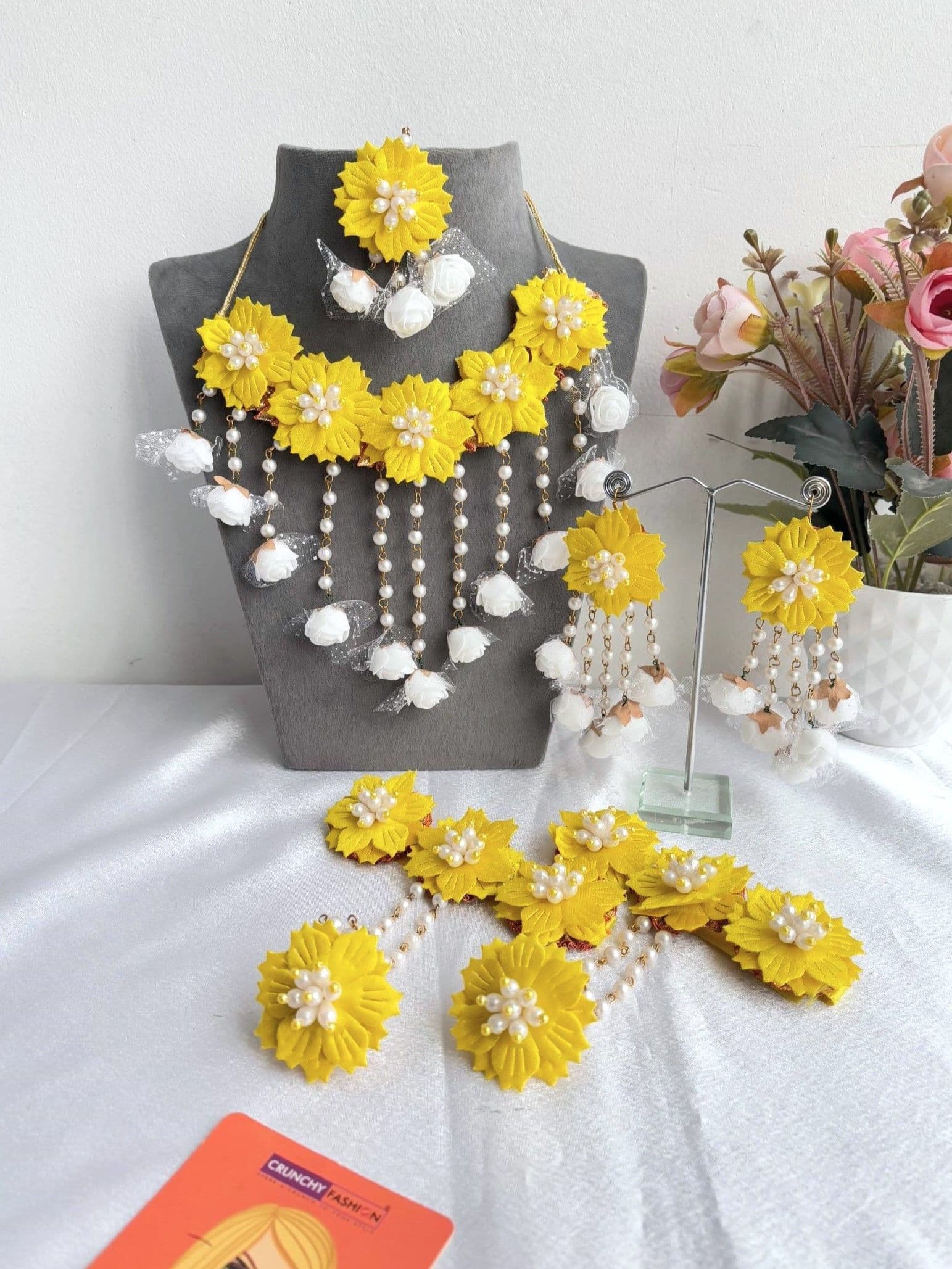 Ethnic multicolor floral jewelry set in yellow and white beads, ideal for haldi and mehndi ceremonies