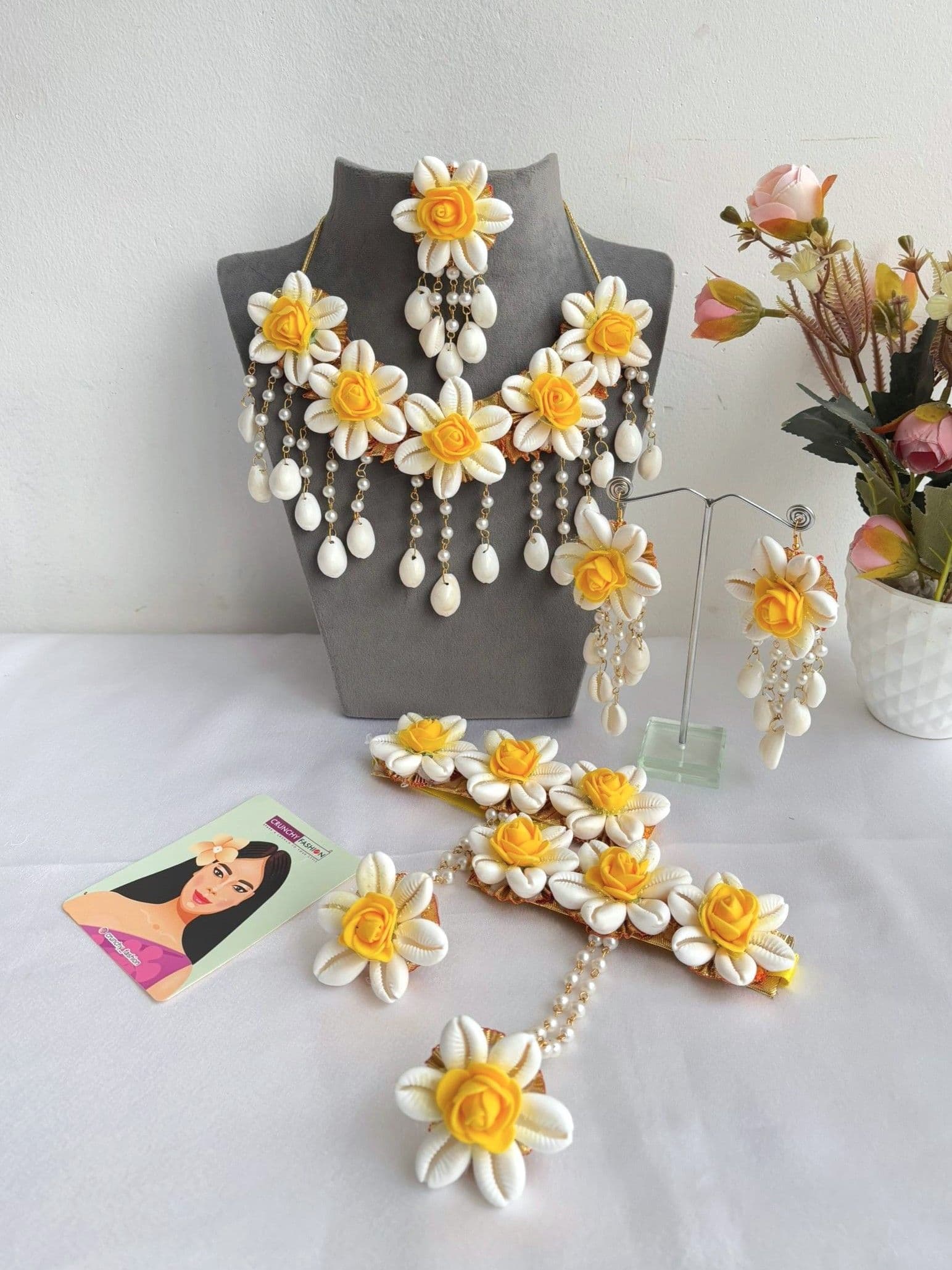 Yellow Floral Cowrie Sea shell Jewellery Set
