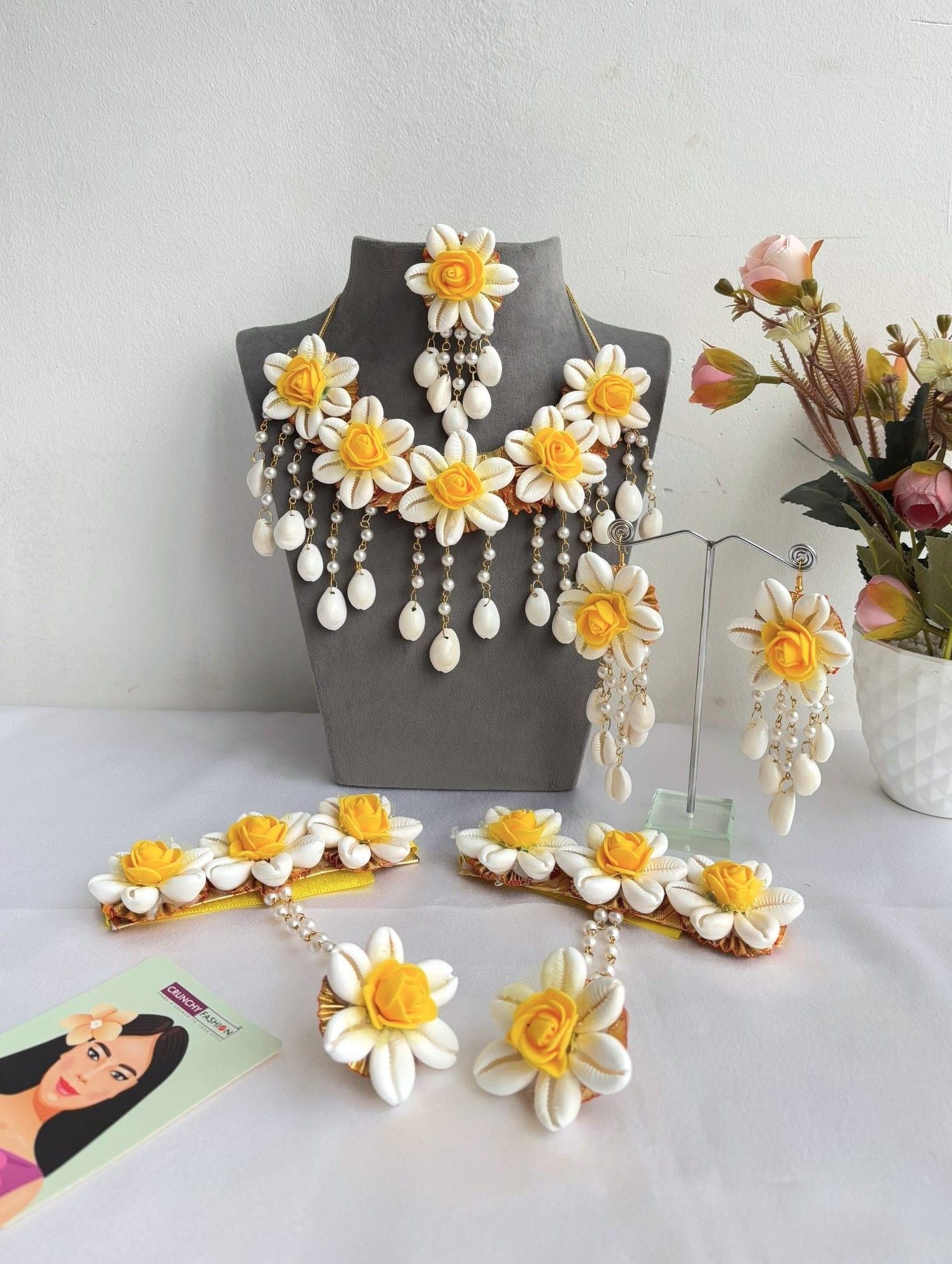 Yellow Rose Cowrie Shell Jewellery Set for Haldi & Mehndi Brides