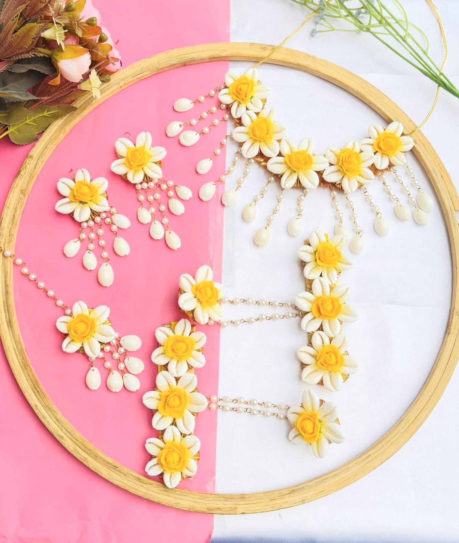 Yellow Rose Cowrie Shell Jewellery Set for Haldi & Mehndi Brides