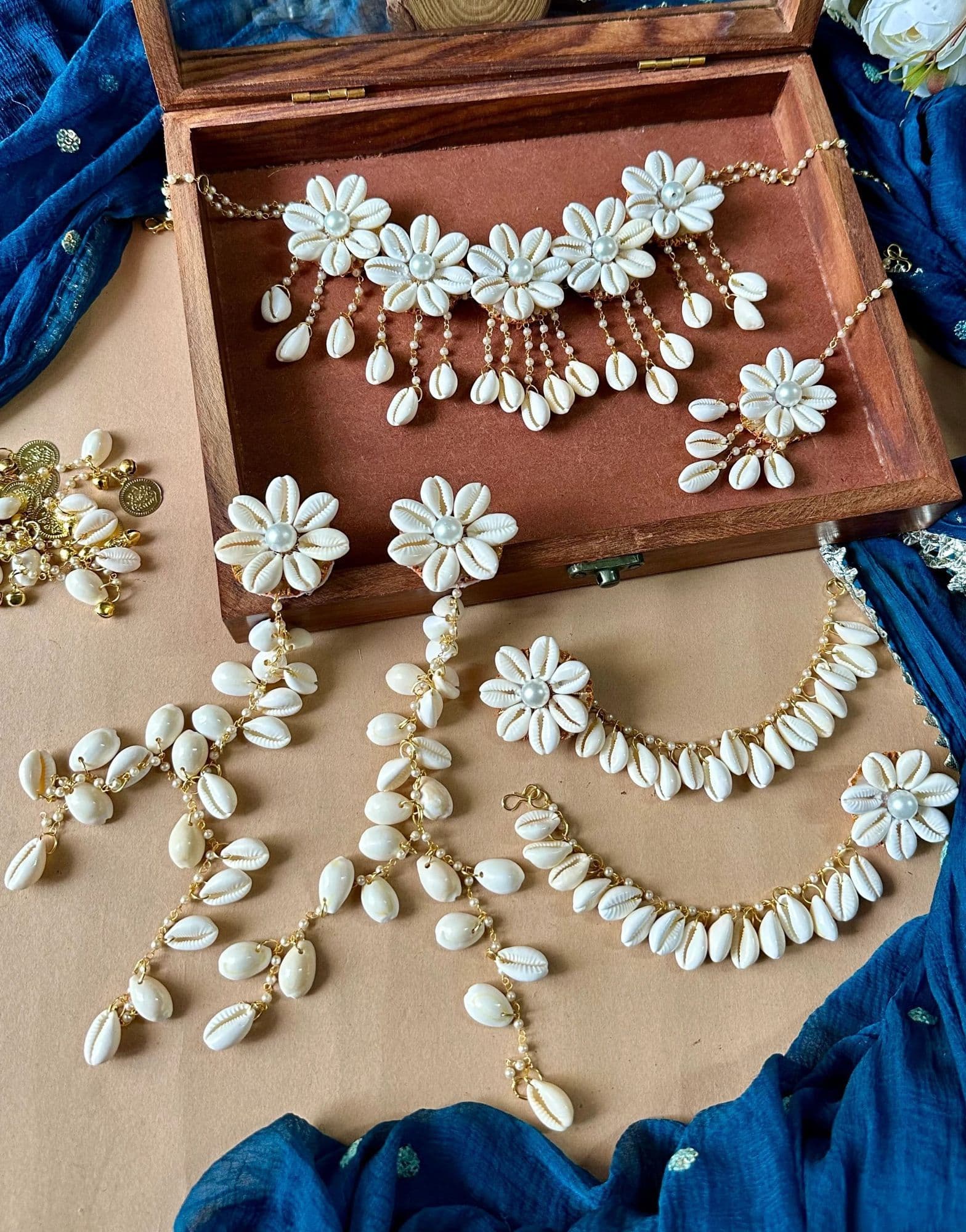 Bridal Splendour: Haldi Mehndi Shell Jewelry Set with Floral Design