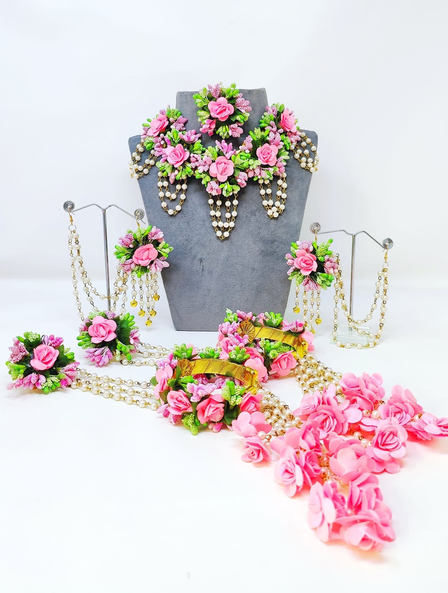 Pink-Green Multicolor Flower Bridal Jewellery Set with Kaliras for Haldi and Mehandi