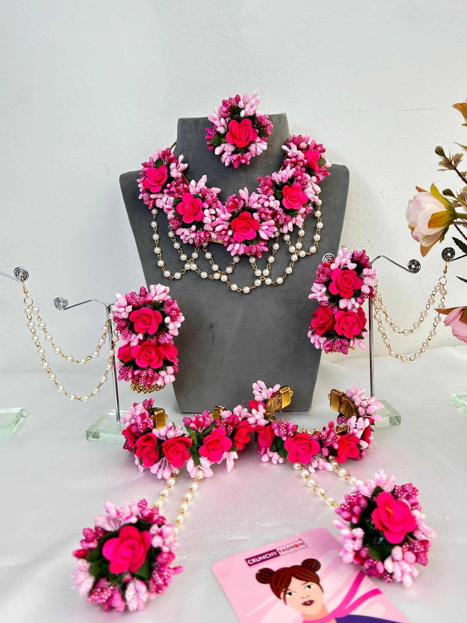 Pink bridal haldi jewellery set, elegant flower-themed traditional collection for women, perfect for wedding, haldi, mehndi occasion.