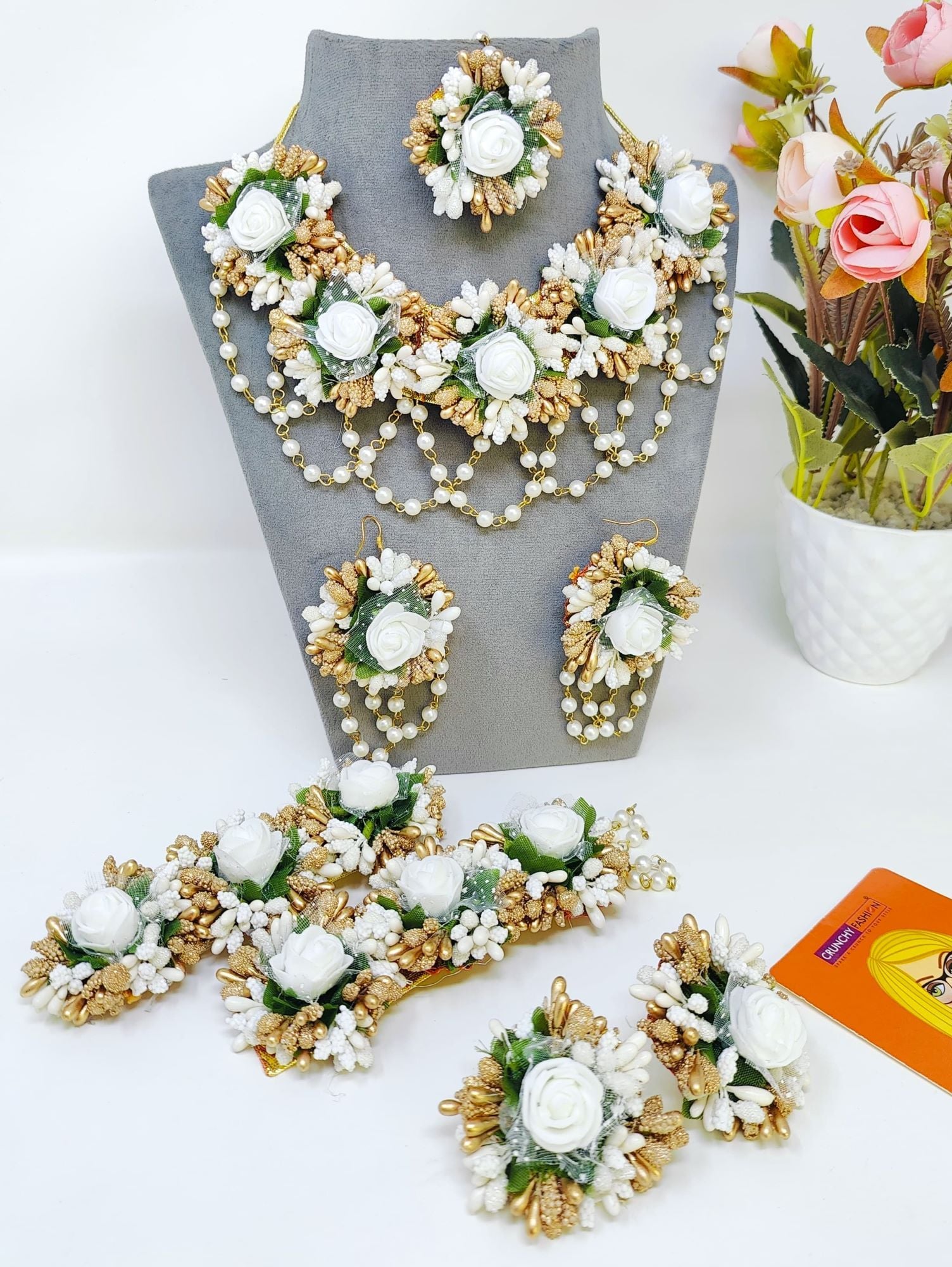 White-Gold Artificial Floral Jewellery Set for Haldi, Mehndi & Weddings