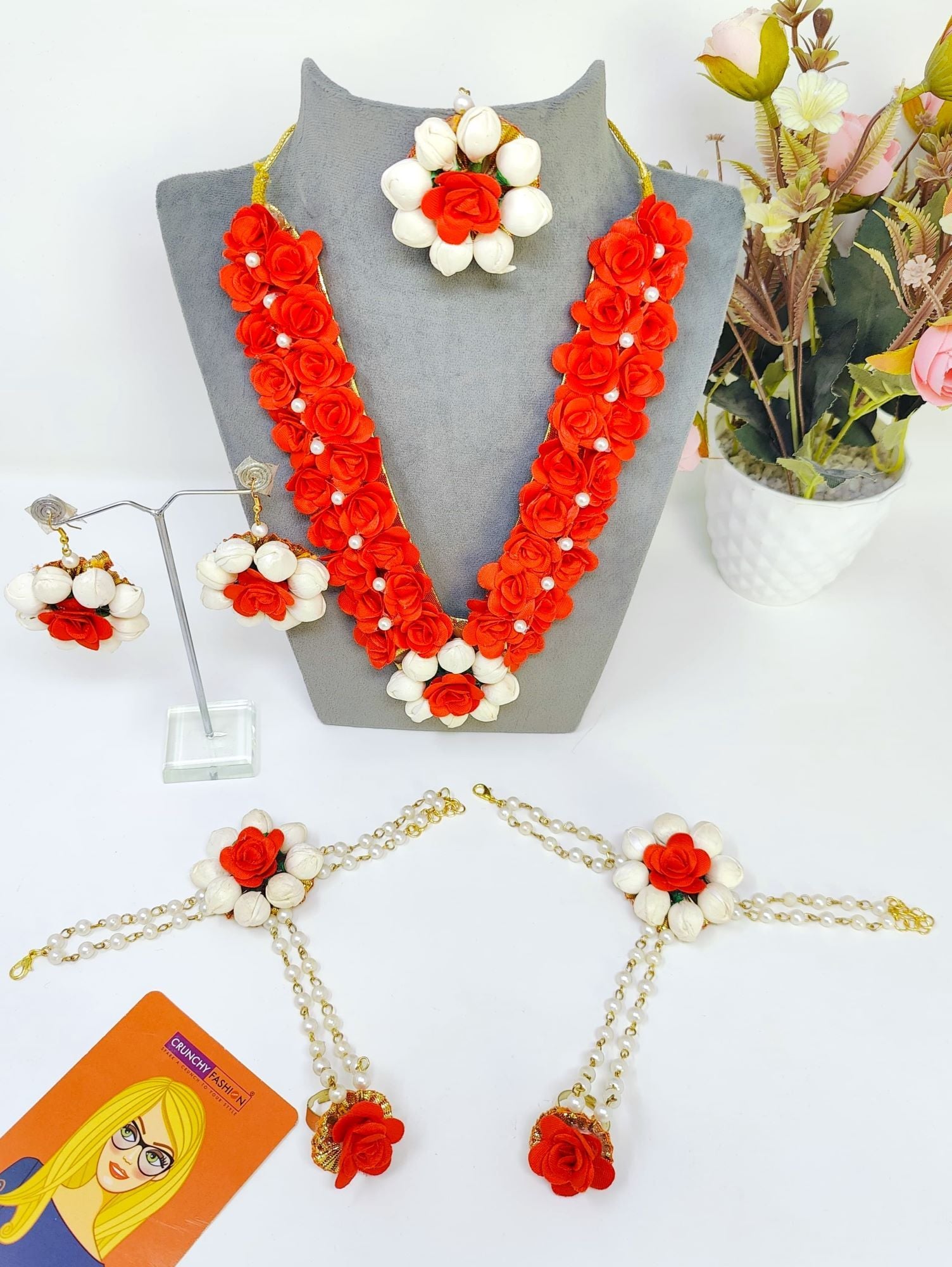 Handmade Red Flower Haldi Bridal Jewellery Set for Women