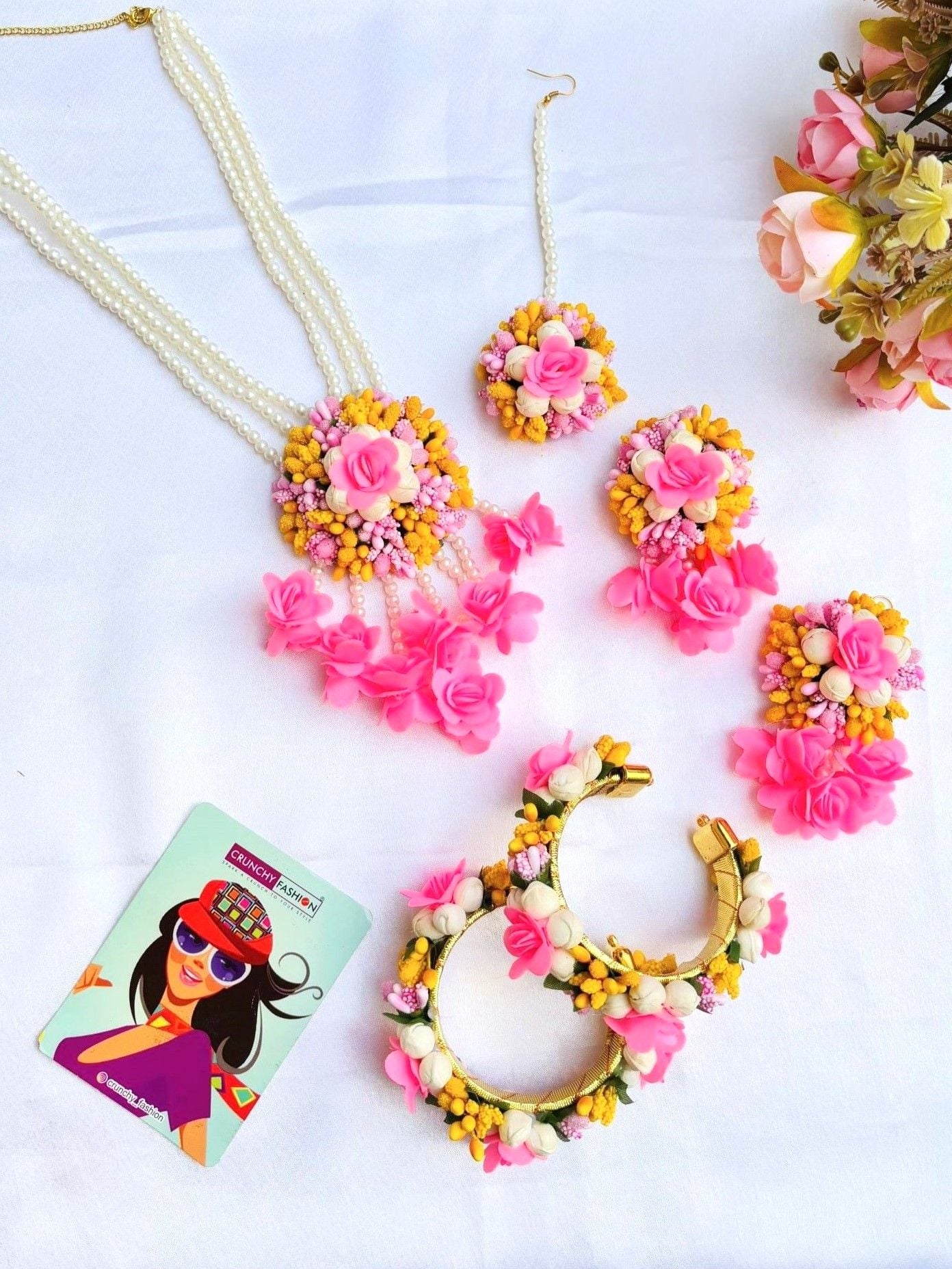 Pink Floral Pearl Haldi Jewellery Set with Necklace, Earrings and Tikka