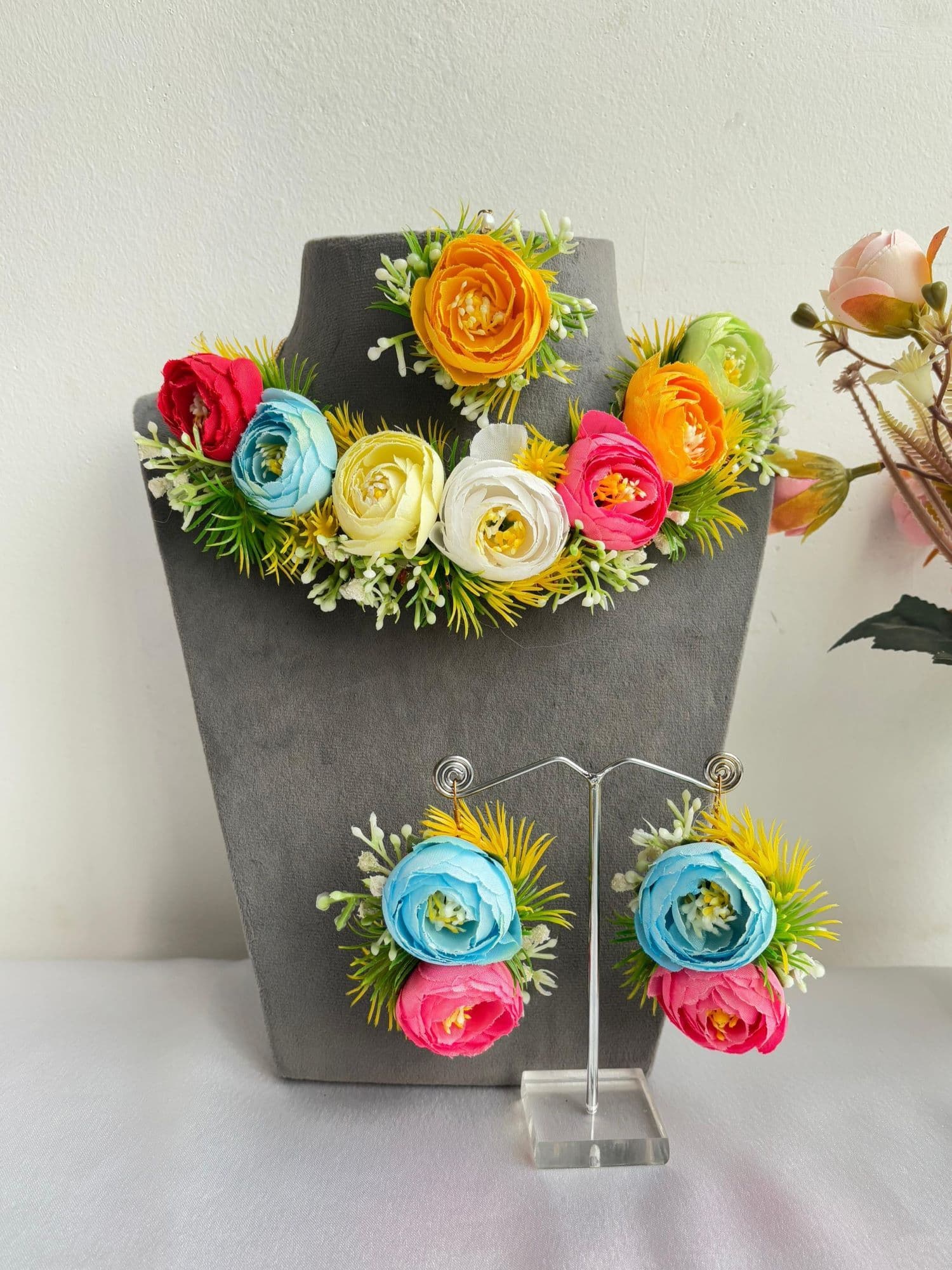 Colorful handcrafted artificial floral jewellery set, ideal for haldi-mehndi baby shower and bridal occasions