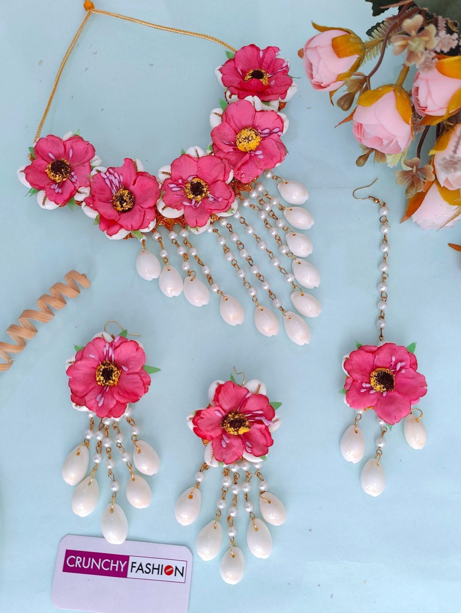 Pink Floral: Handcrafted Cowrie Shell Haldi Bridal Jewelry Set