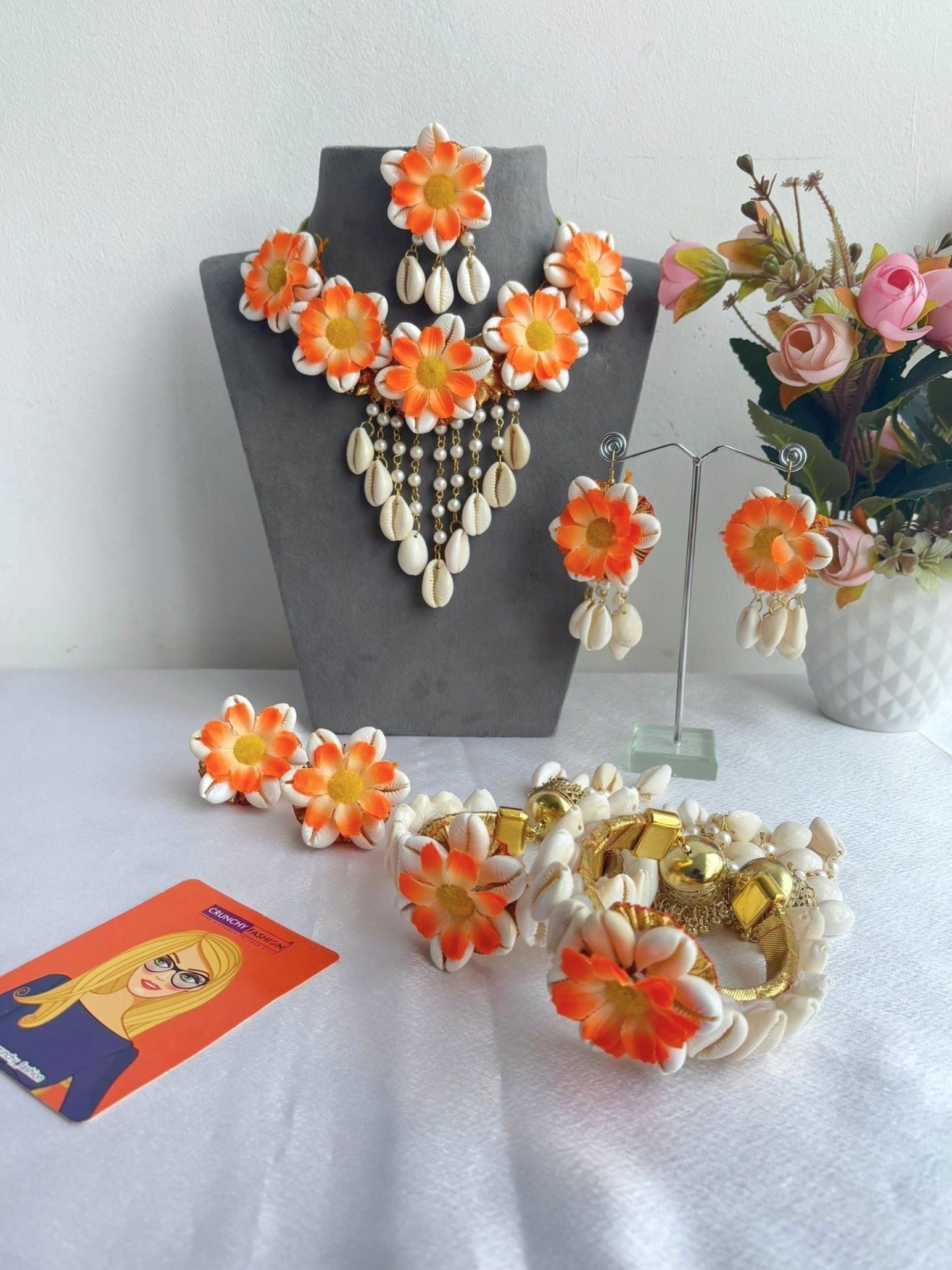 Bridal Orange Blossom Pearl-Decked Cowrie Shell Set for Haldi