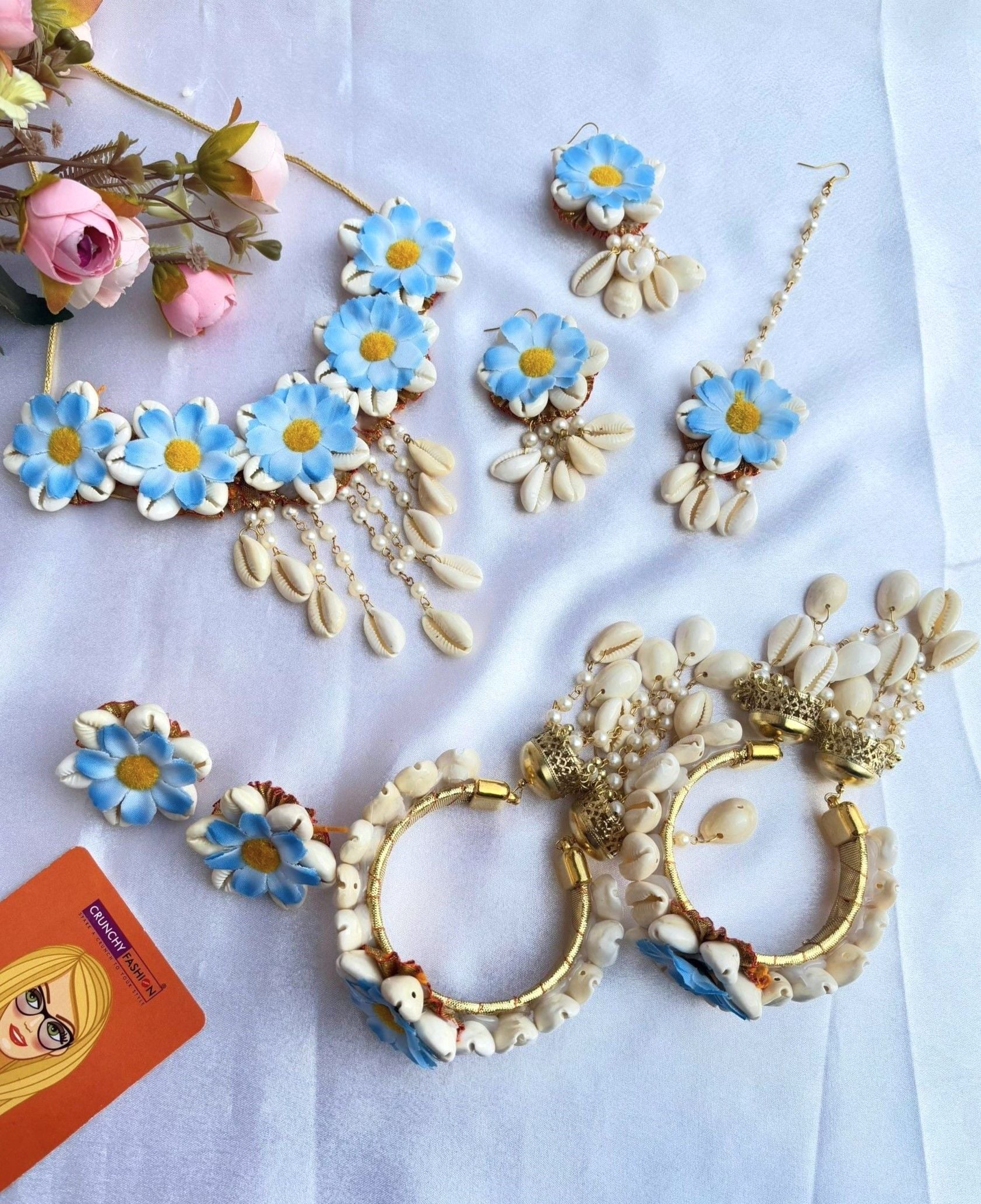 Handmade Sky Blue Floral Cowrie Shell Haldi Jewellery Set for Brides