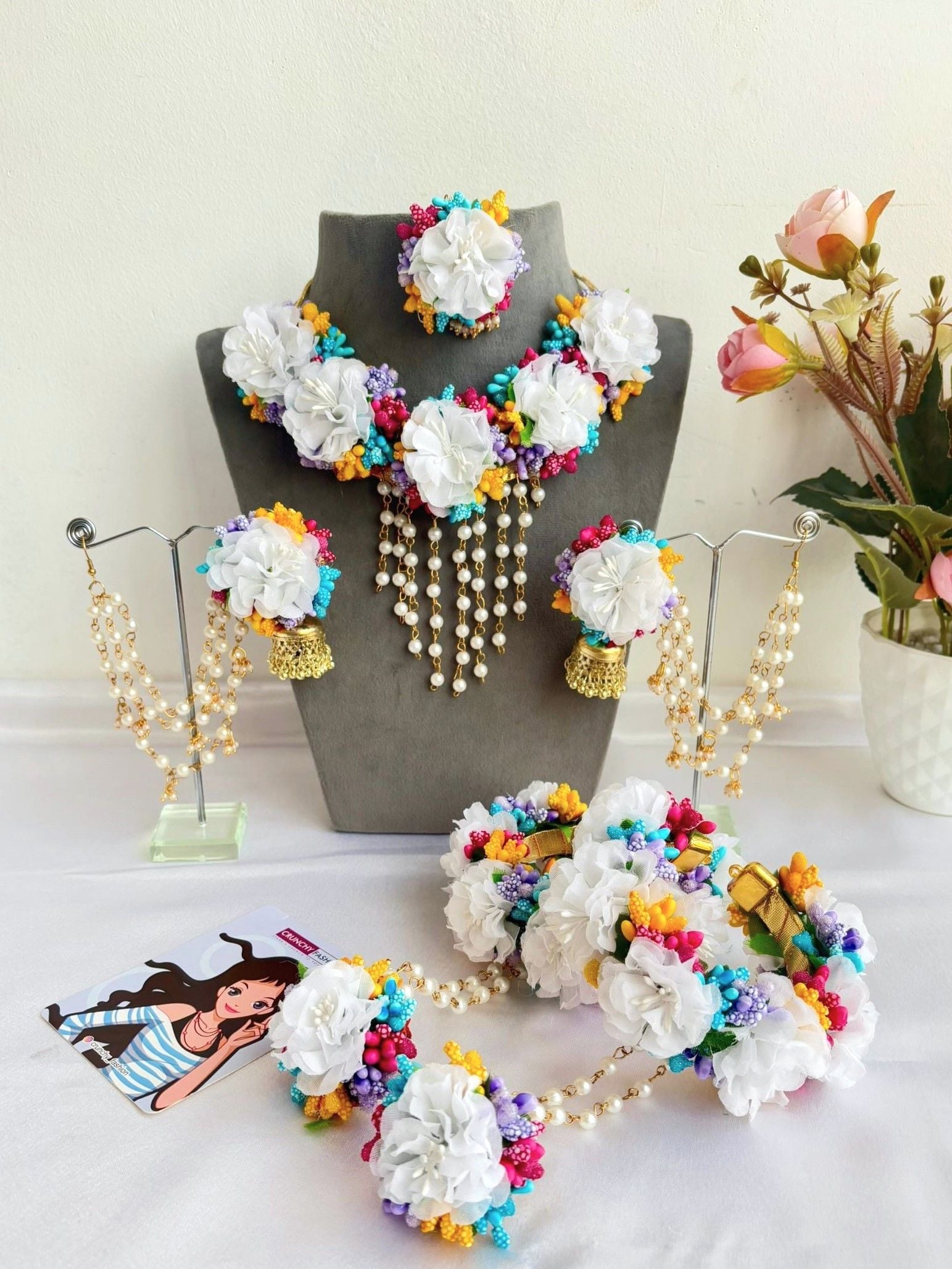 White Floral Haldi and Mehndi Jewelry Set for Women