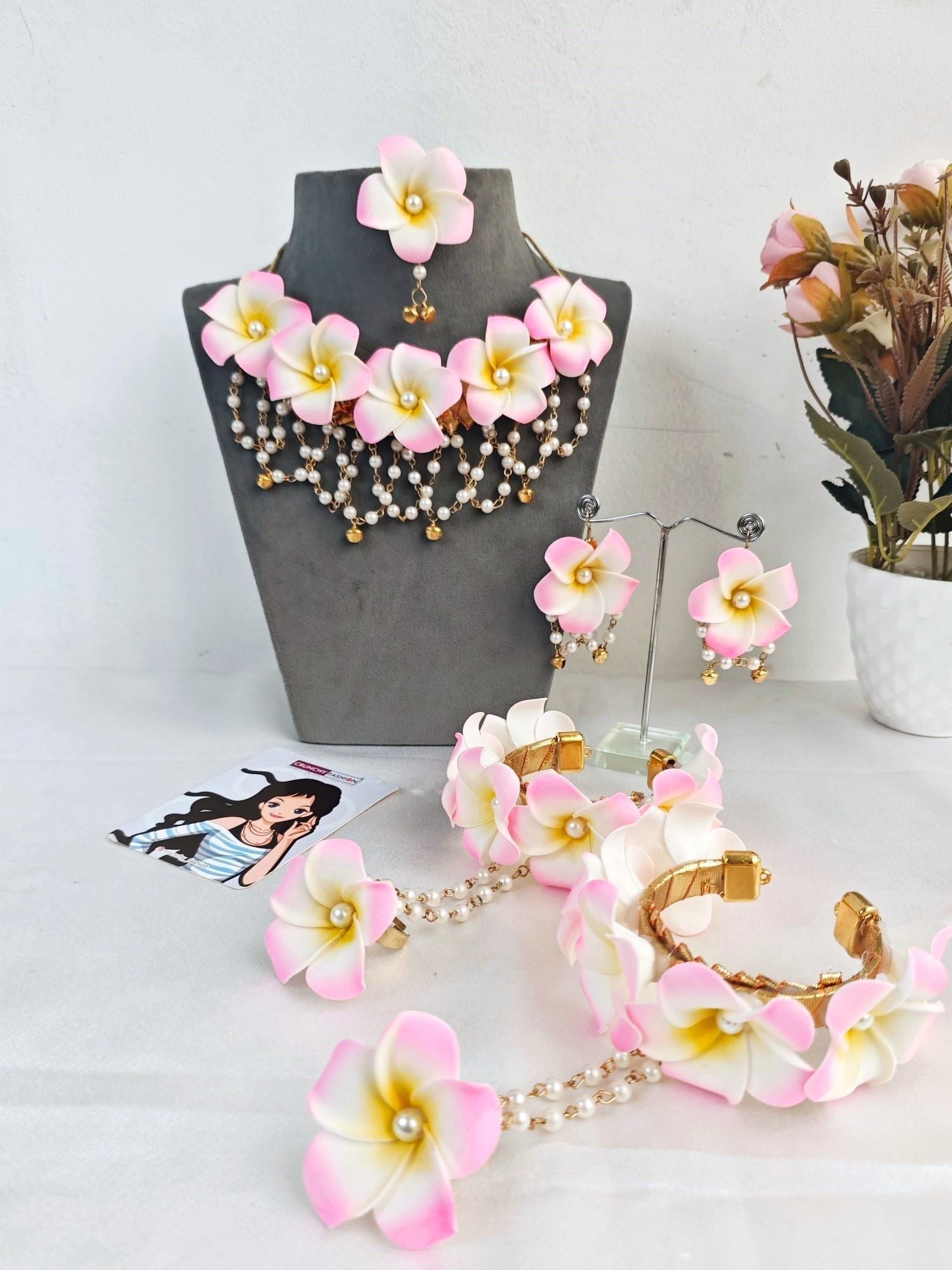 Handmade Pink Plumeria Floral Haldi Jewellery Set for Brides