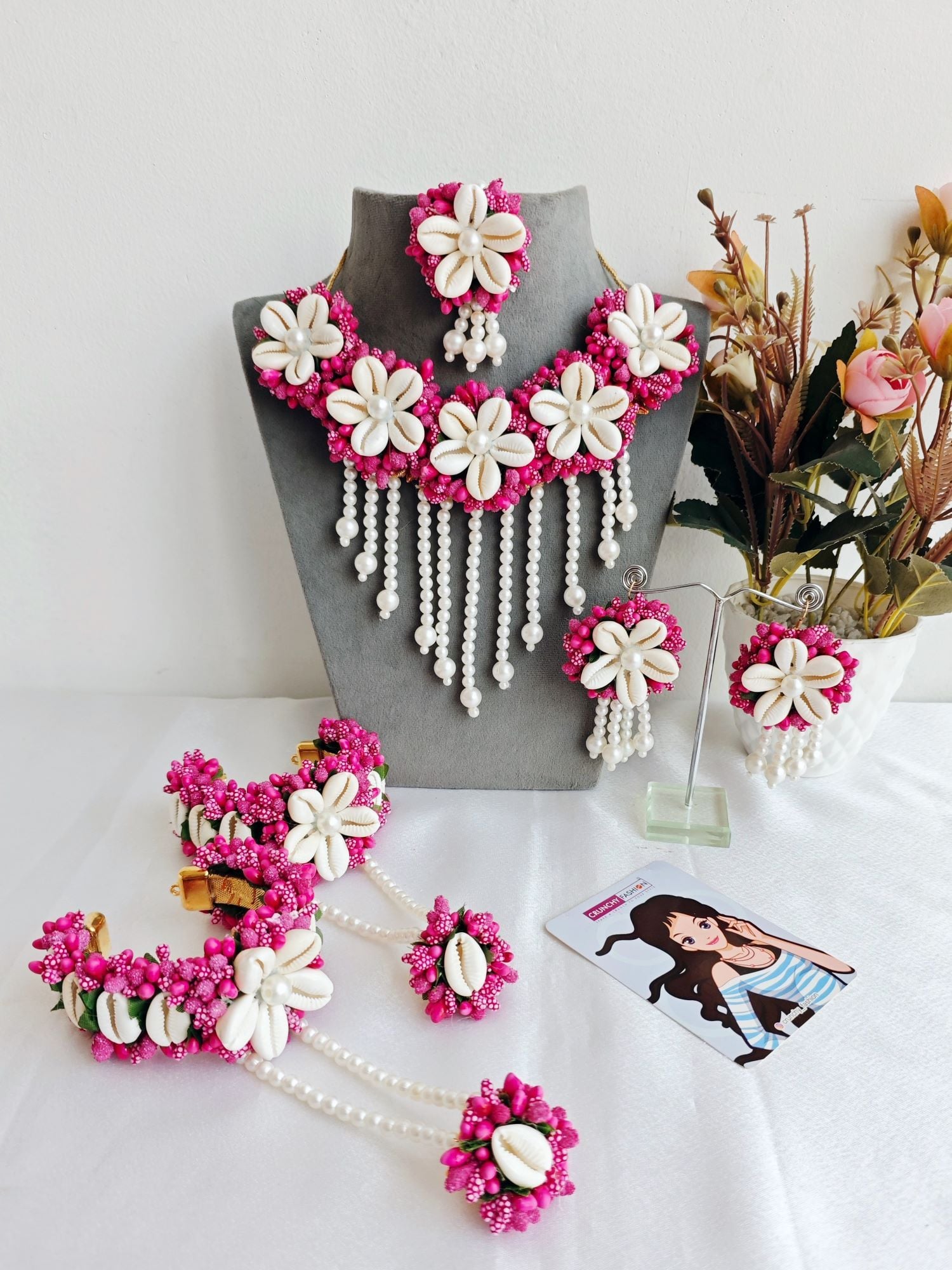 Handmade Magenta Floral Cowrie Shell Haldi Jewellery Set for Brides