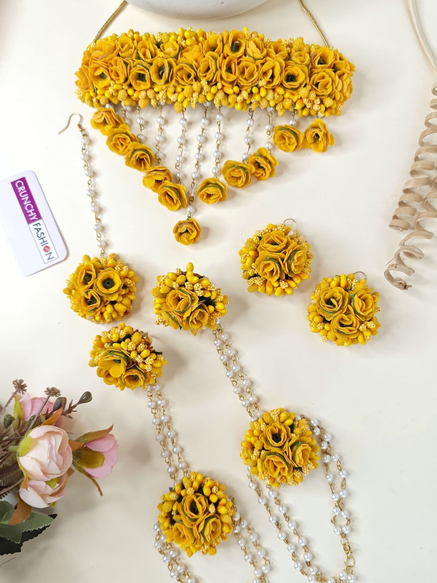 Yellow handmade artificial floral jewellery set, ideal for women and girls at haldi ceremony