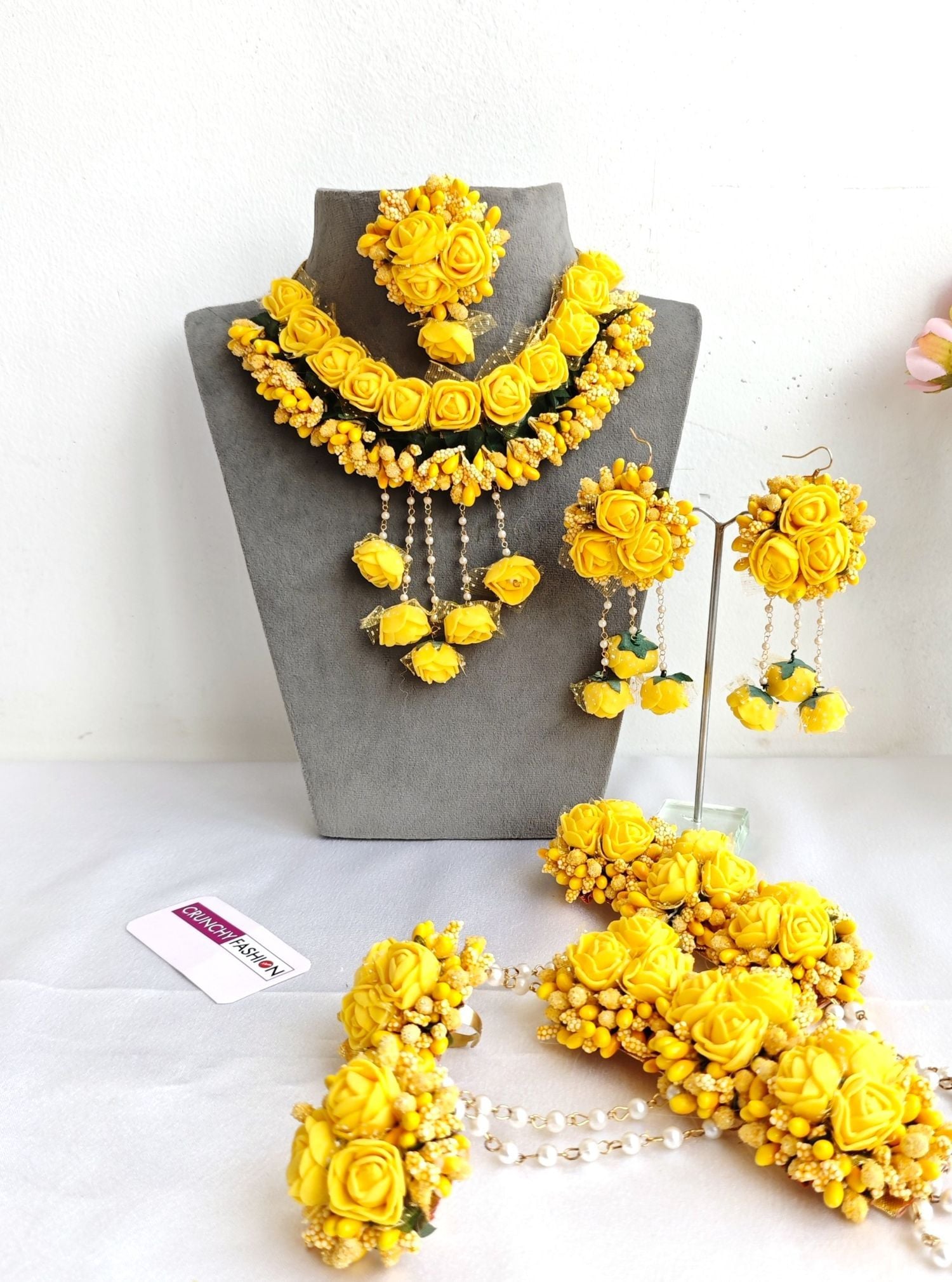 Floral Charms: Handmade Yellow Flower Jewelry Set for Haldi