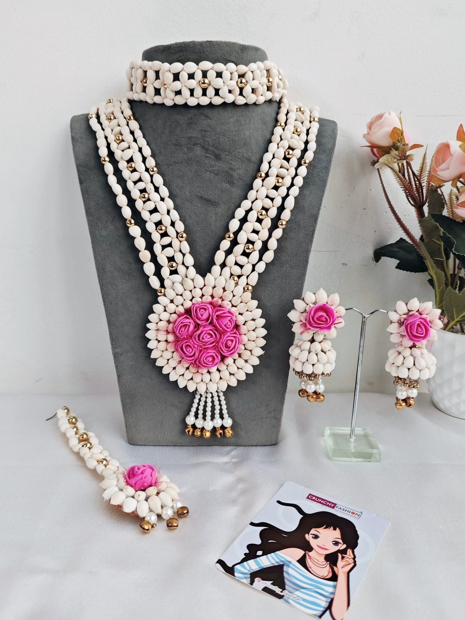 Handcrafted Pink Rose and Pearl Jewellery Set for Brides and Bridesmaids