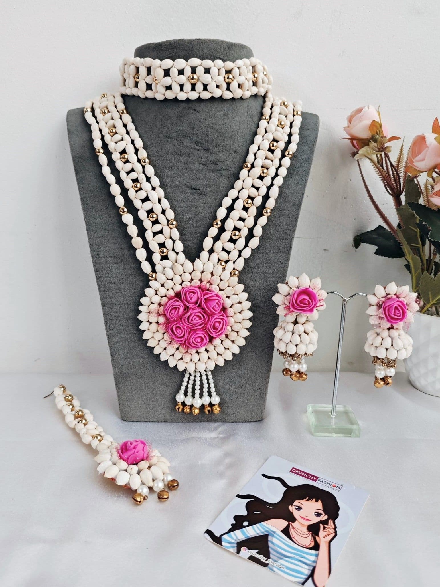 Handcrafted white mogra floral jewelry set ideal for bridal Haldi-Mehndi occasion