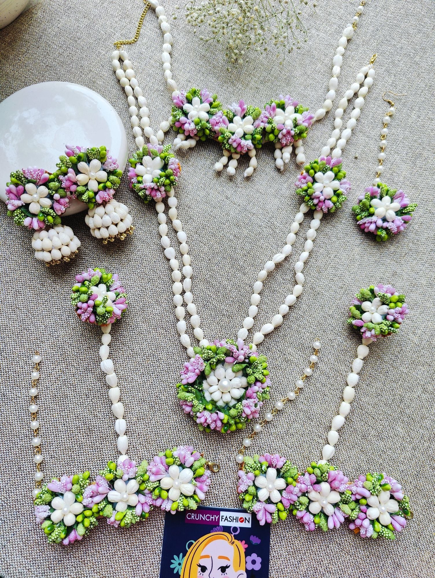 Artisanal Green Flower Bridal Haldi Jewellery Set for Women