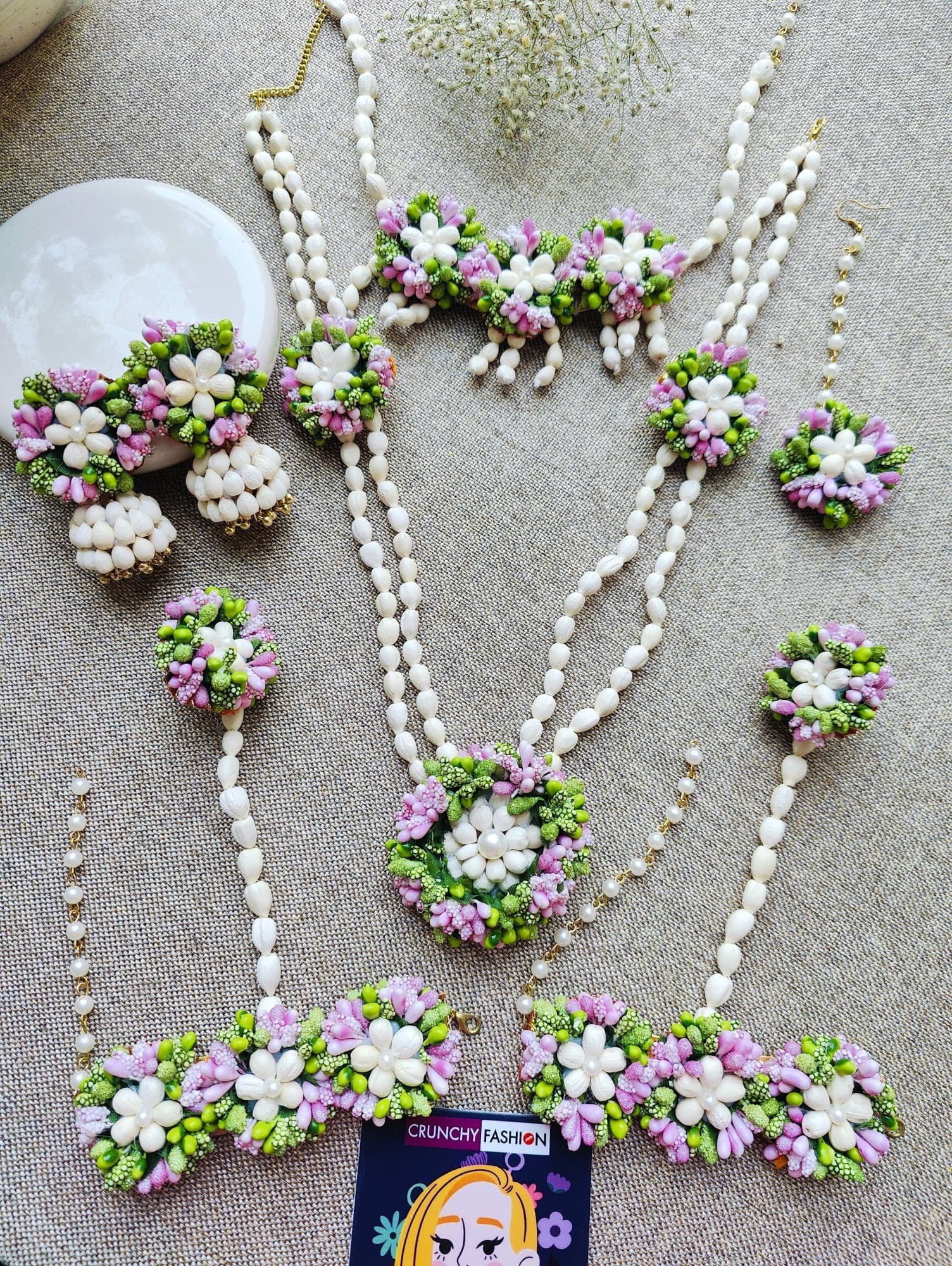 Handmade Green-Pink floral jewellery set, perfect for baby shower, Haldi and Mehandi occasions