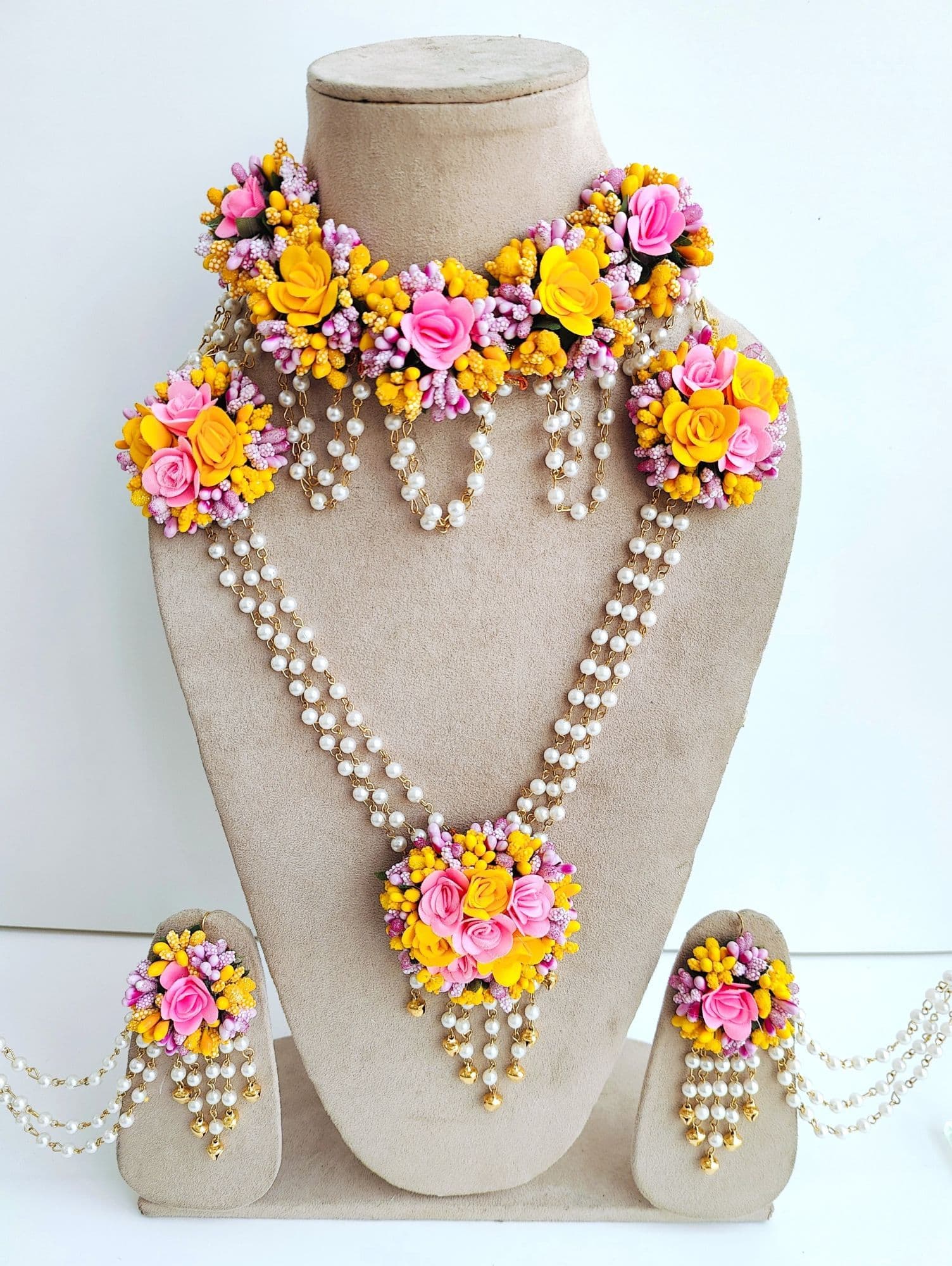 Handmade Yellow-Pink Floral Jewellery Set for Women and Girls, Ideal for Baby Shower, Haldi, Mehandi occasions