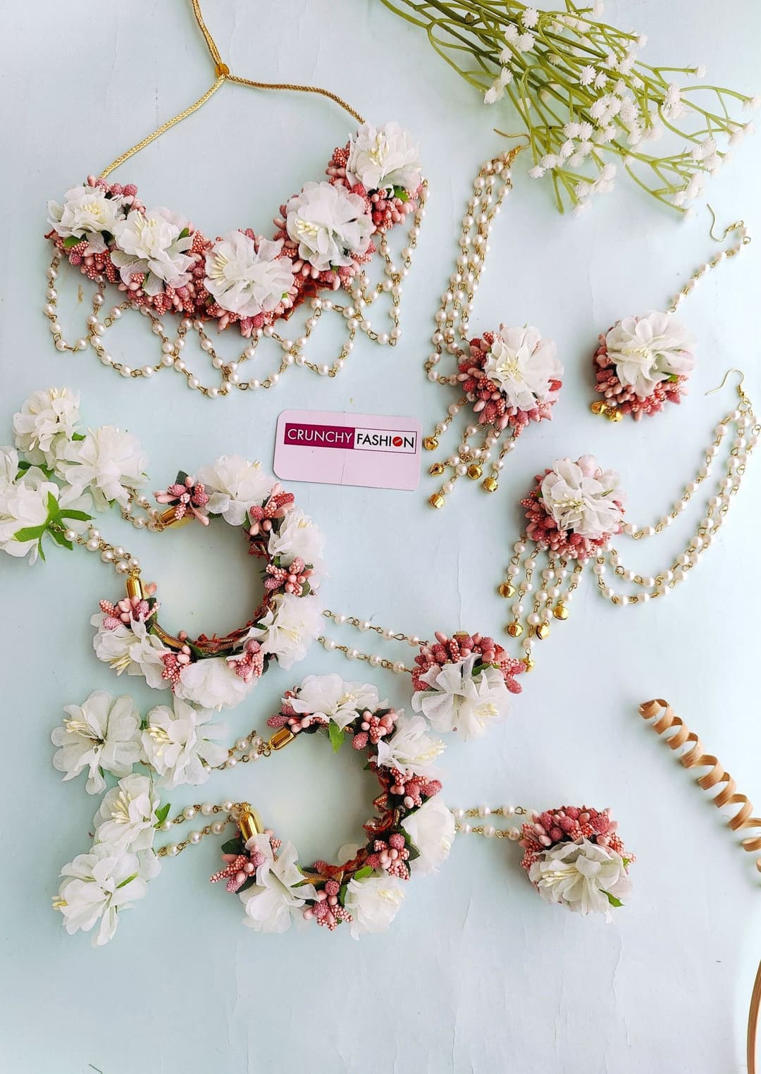 Peach-White Floral Jewelry for Haldi-Mehndi Baby Shower