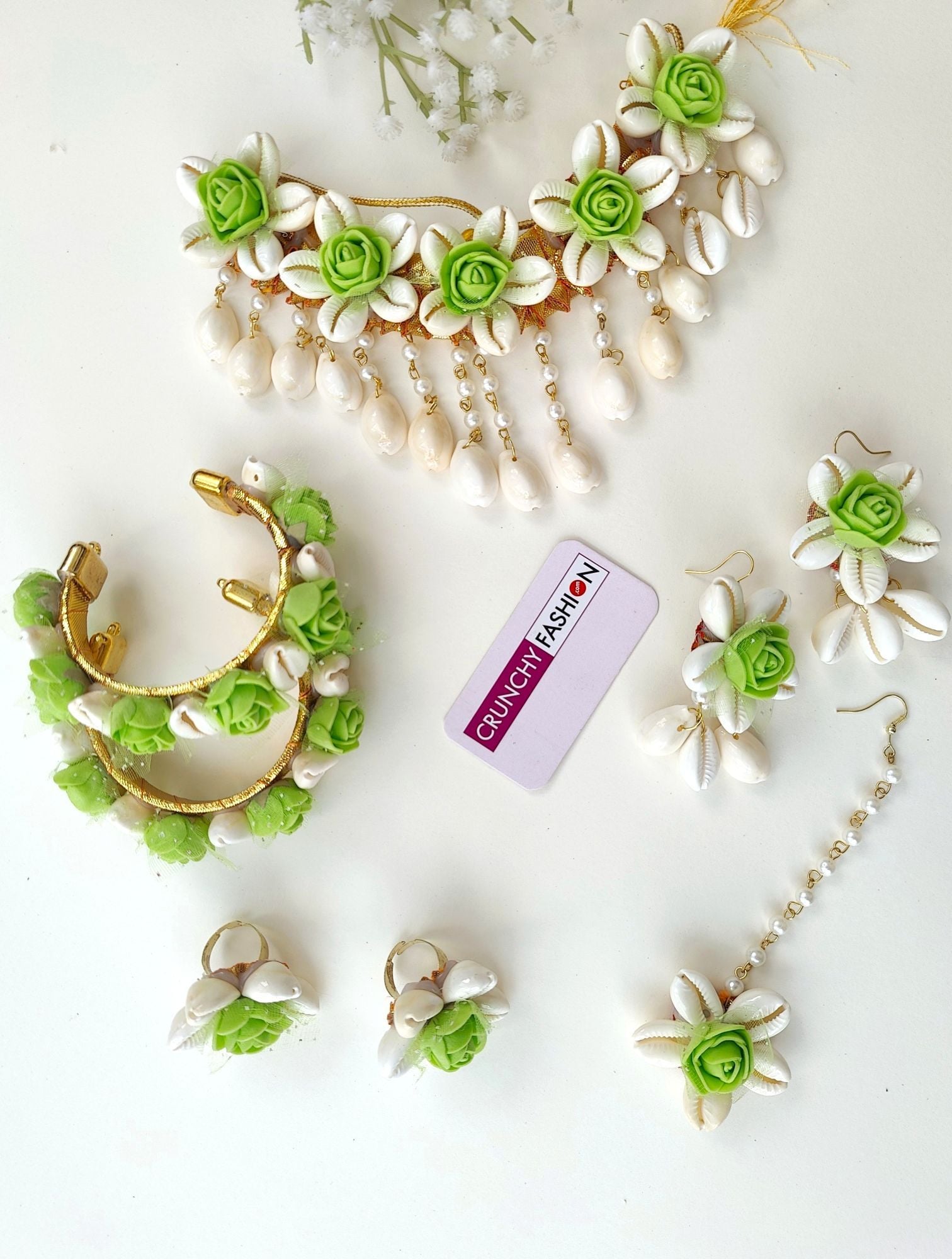Lime Floral Cowrie Shell Bridal Jewellery Set for Mehendi