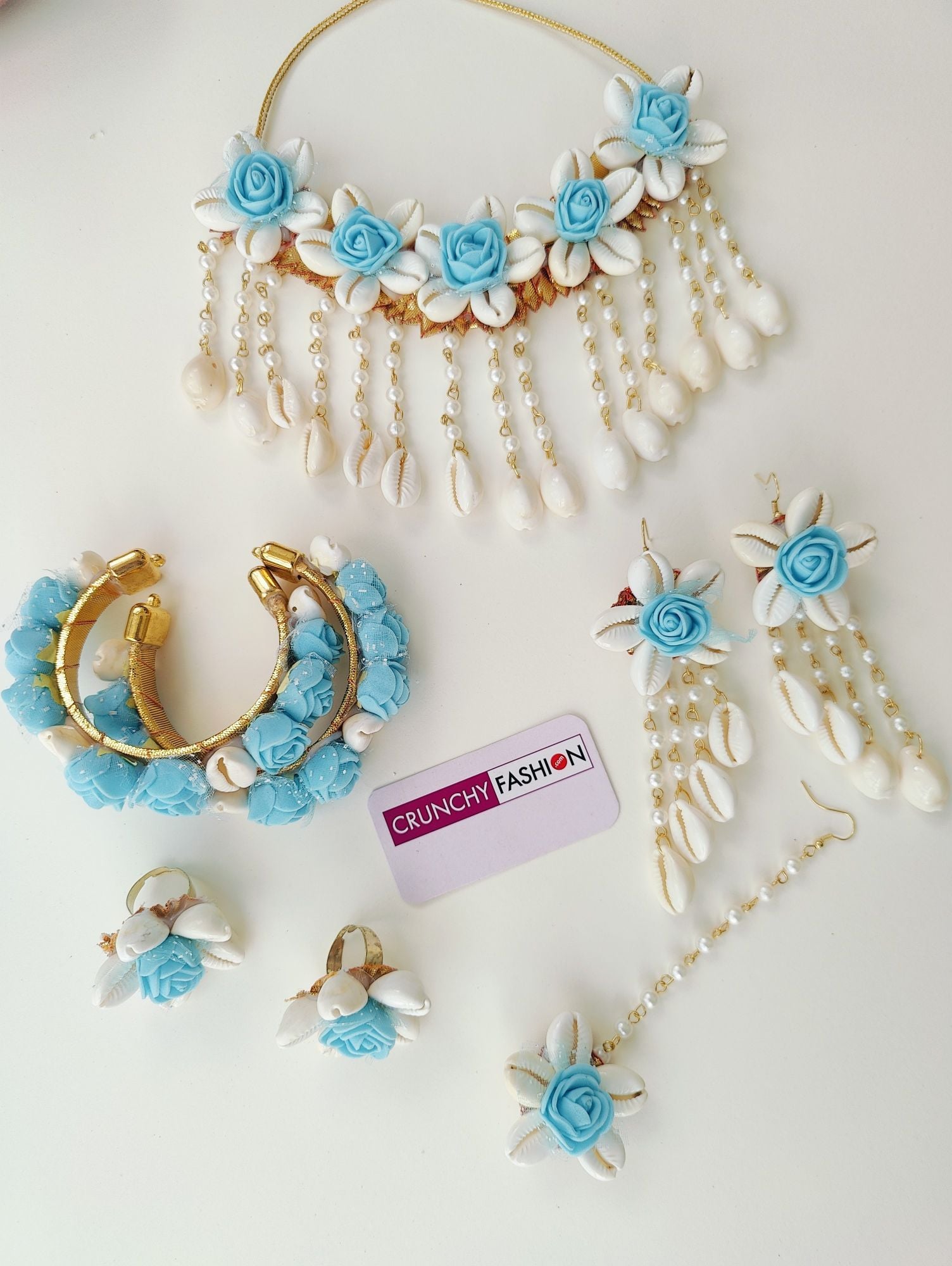 Aqua Blue Nuptial Bloom: Floral Sea Shell Bridal Jewelry Set