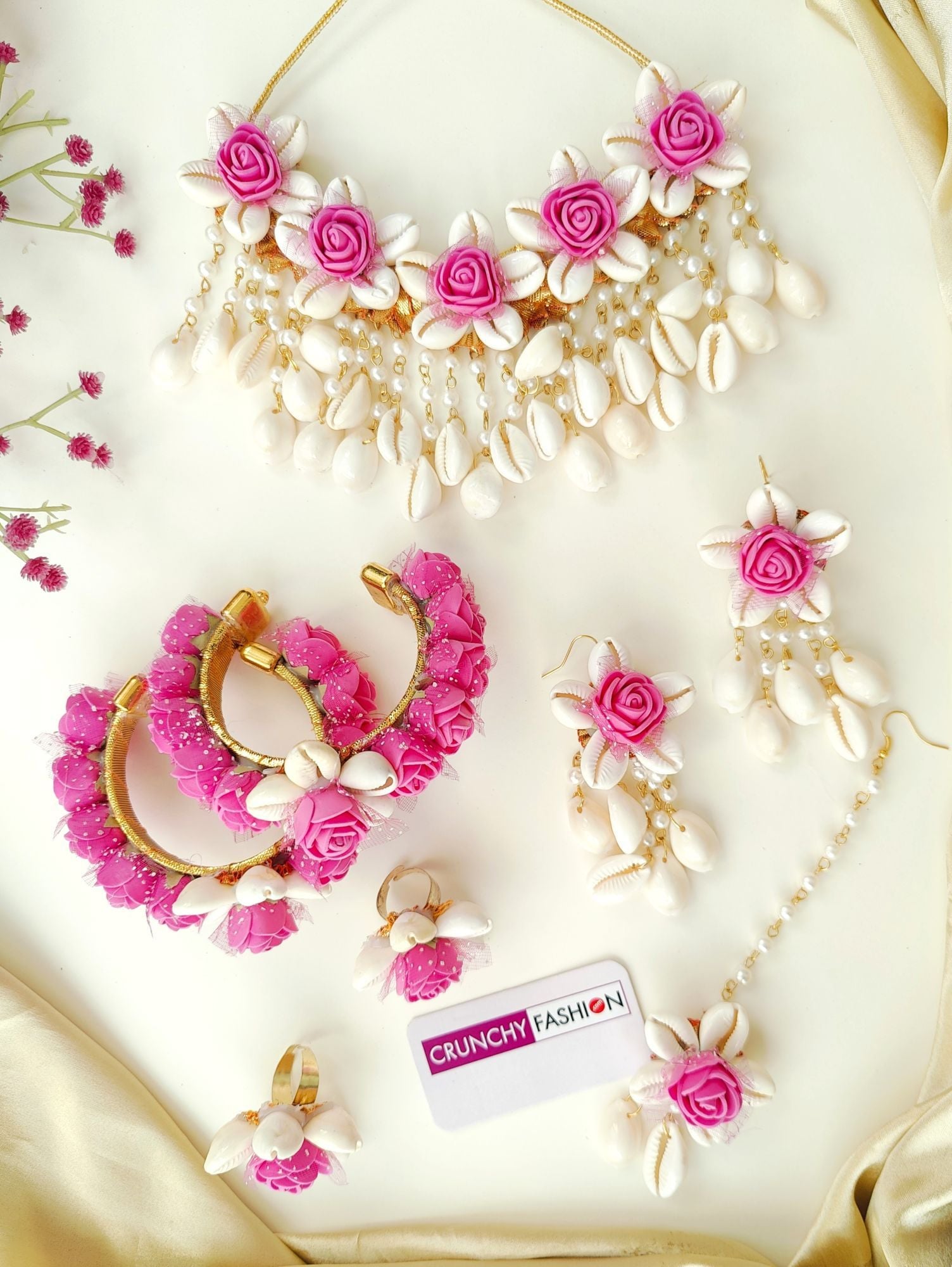 Pink Blossom & Cowrie Shell Haldi Bridal Jewelry Set for Fashionistas