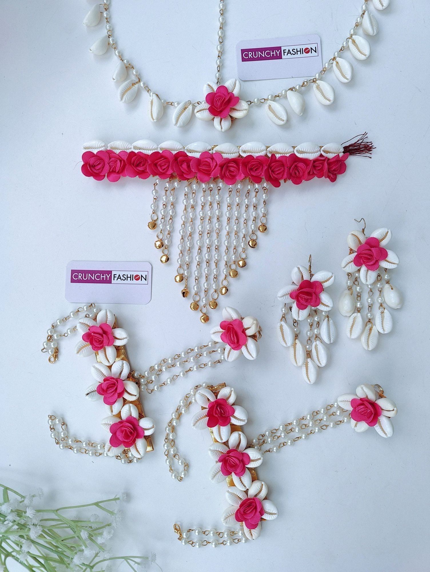 Designer Pink Flower & Seashell Bridal Jewellery Set