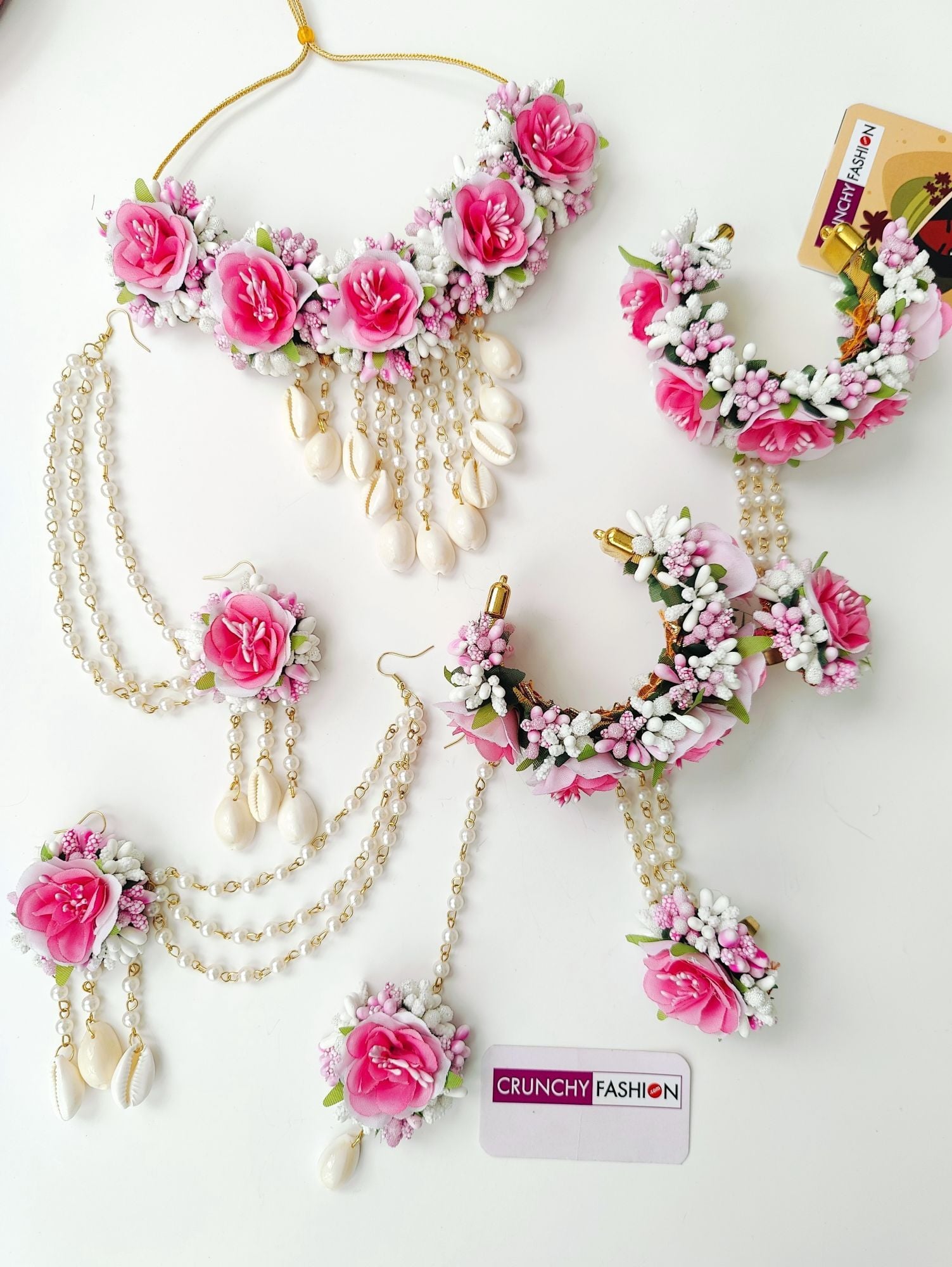Designer Pink Rose Haldi Jewellery Set with Cowrie Shells