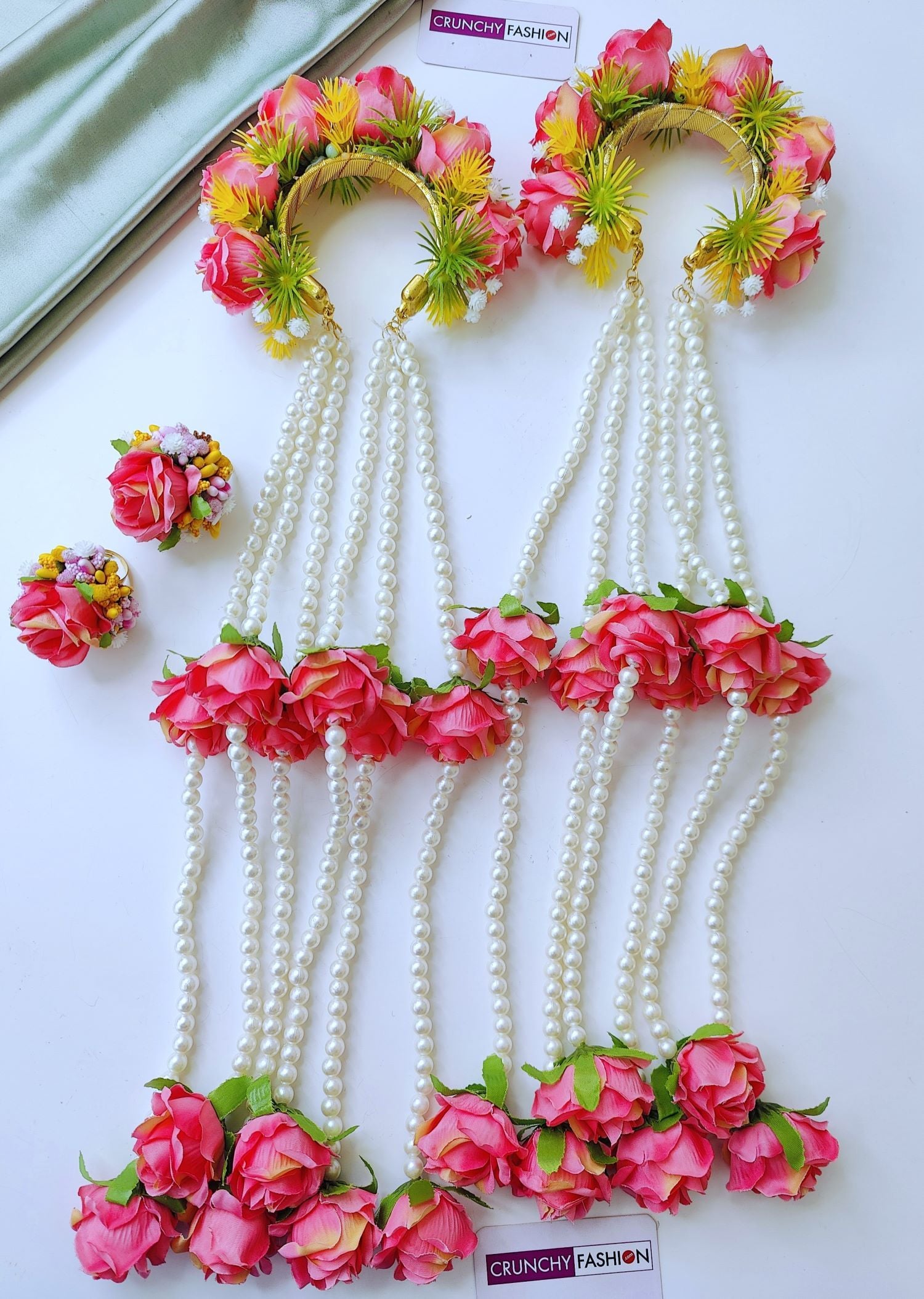 Handmade Pink Rose Floral Haldi Jewellery Set