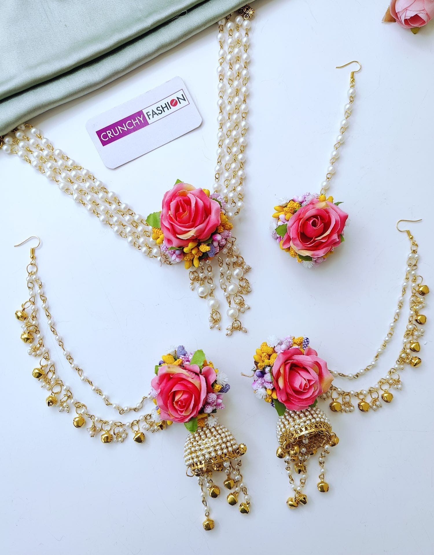 Handmade Pink Rose Floral Haldi Jewellery Set
