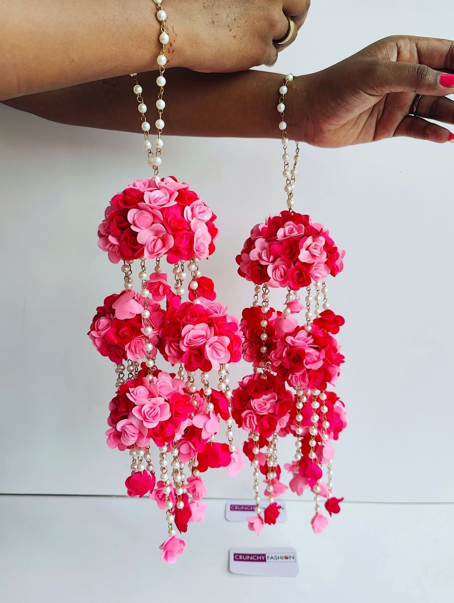 Bridal Kaleere with Pink Roses for Haldi & Weddings, Pearl Adorned