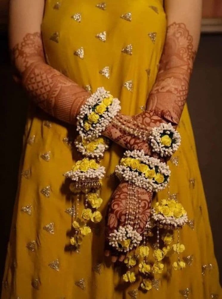 Yellow-White Floral Hathphool & Kalire for Haldi