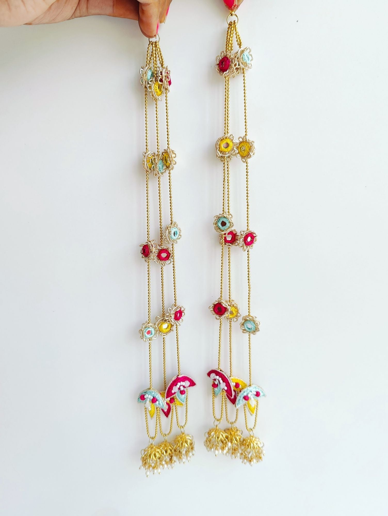 Handmade Floral Pearl Kalire - Bridal in Pink-Yellow-SkyBlue for Women