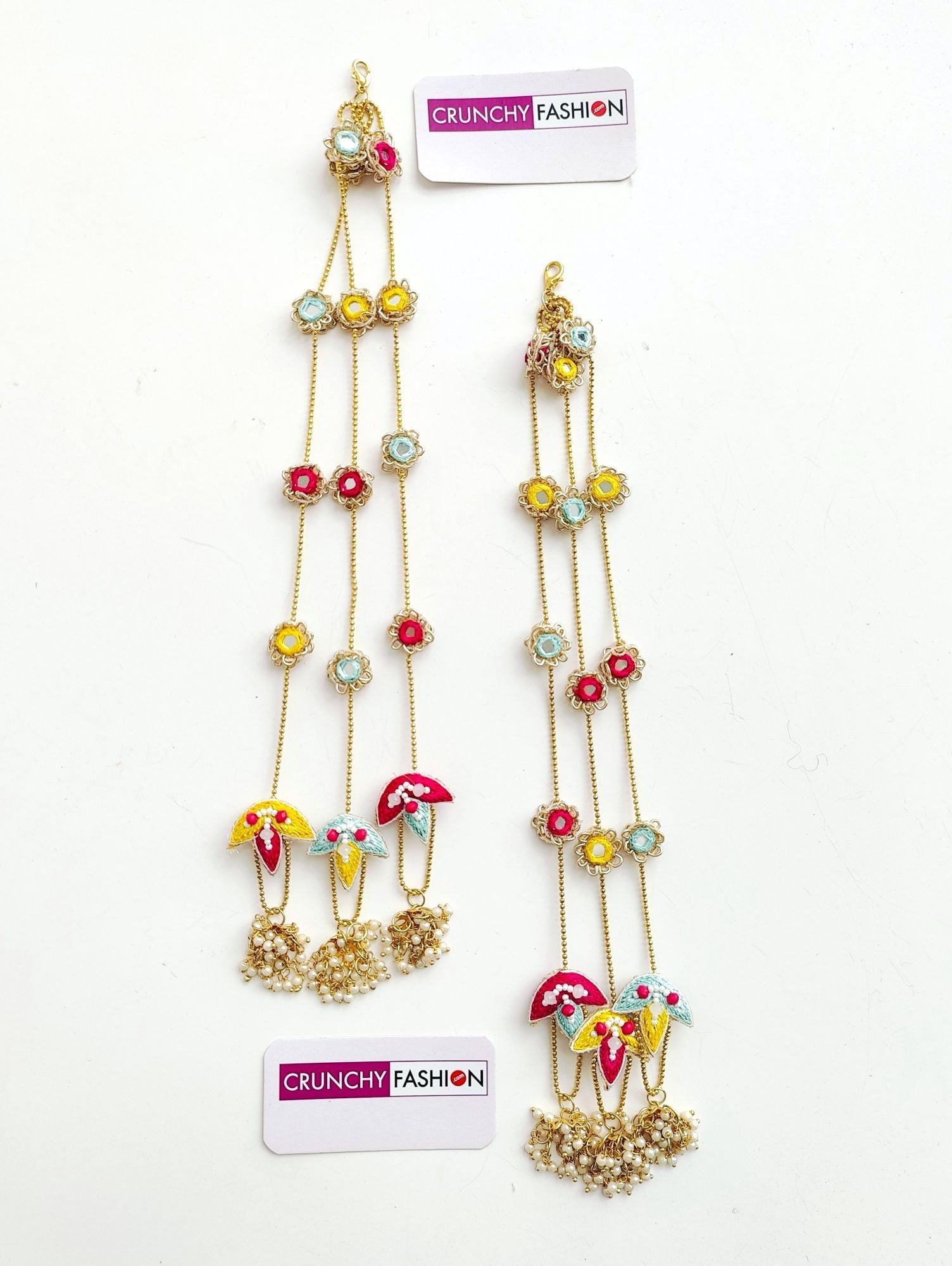 Handmade Floral Pearl Kalire - Bridal in Pink-Yellow-SkyBlue for Women