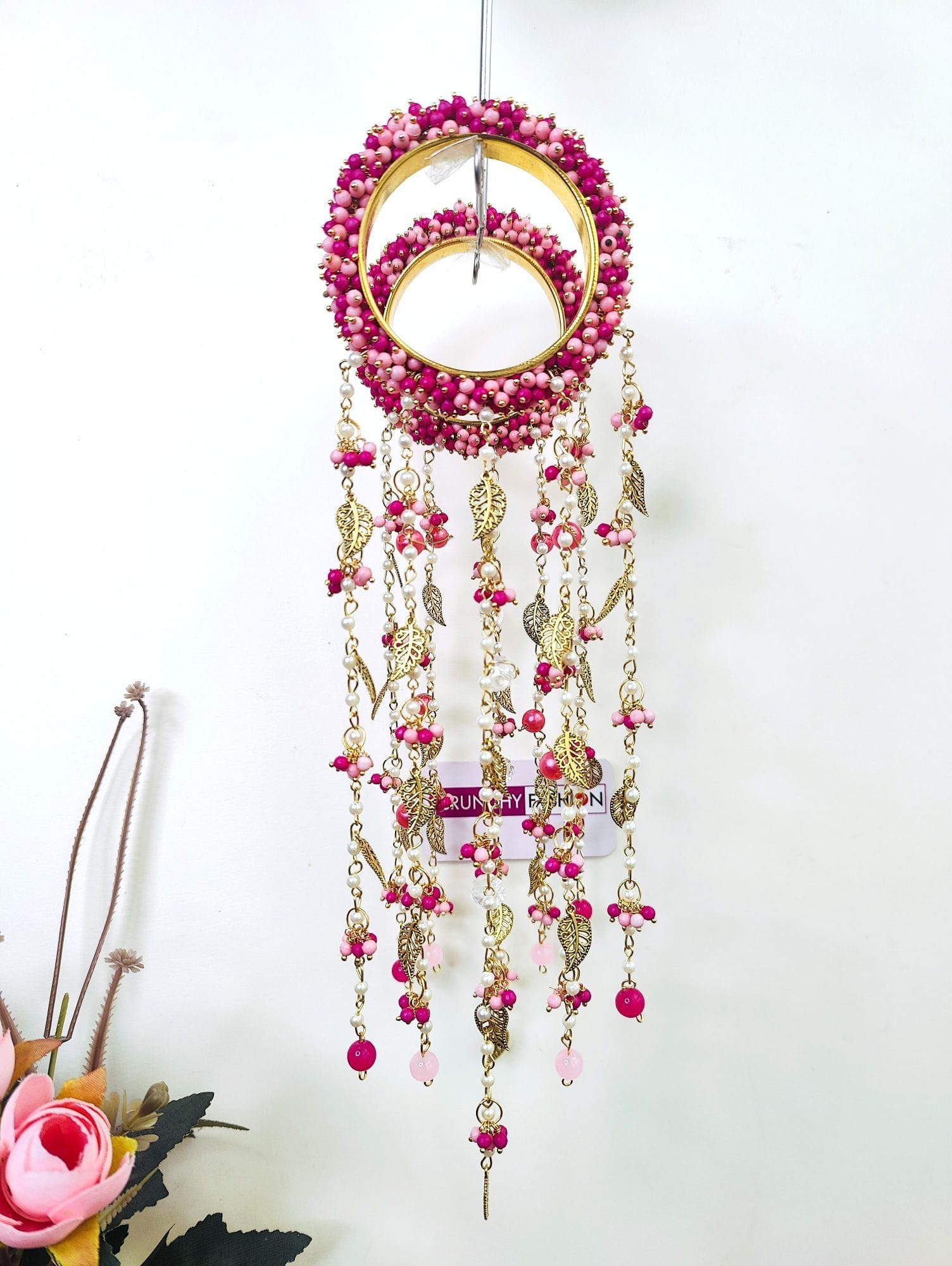 Dainty Floral Handmade Bridal Kaleere: Baby Pink Pearls & Sea Shells