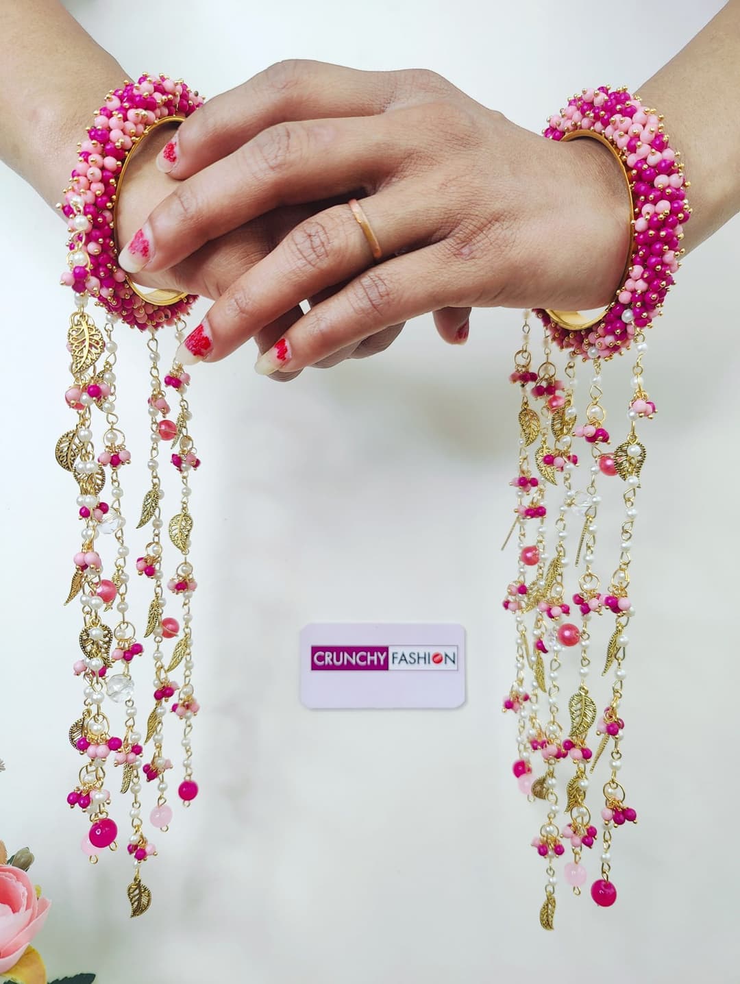 Dainty Floral Handmade Bridal Kaleere: Baby Pink Pearls & Sea Shells