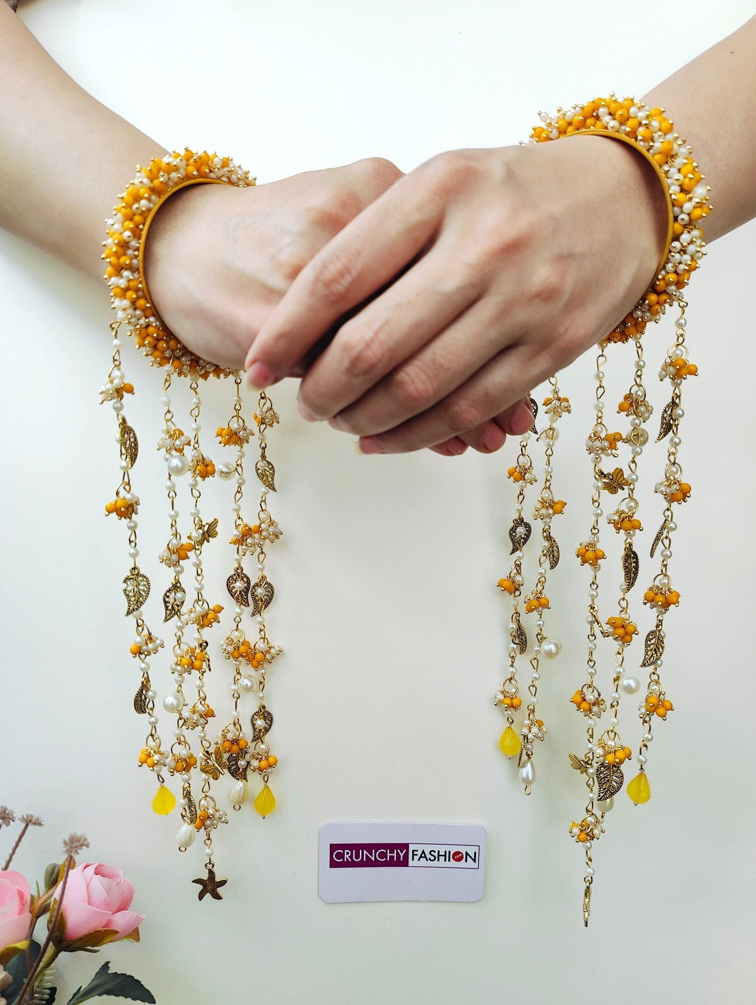 Floral Yellow Pearl & Shell Bridal Kaliras for Haldi