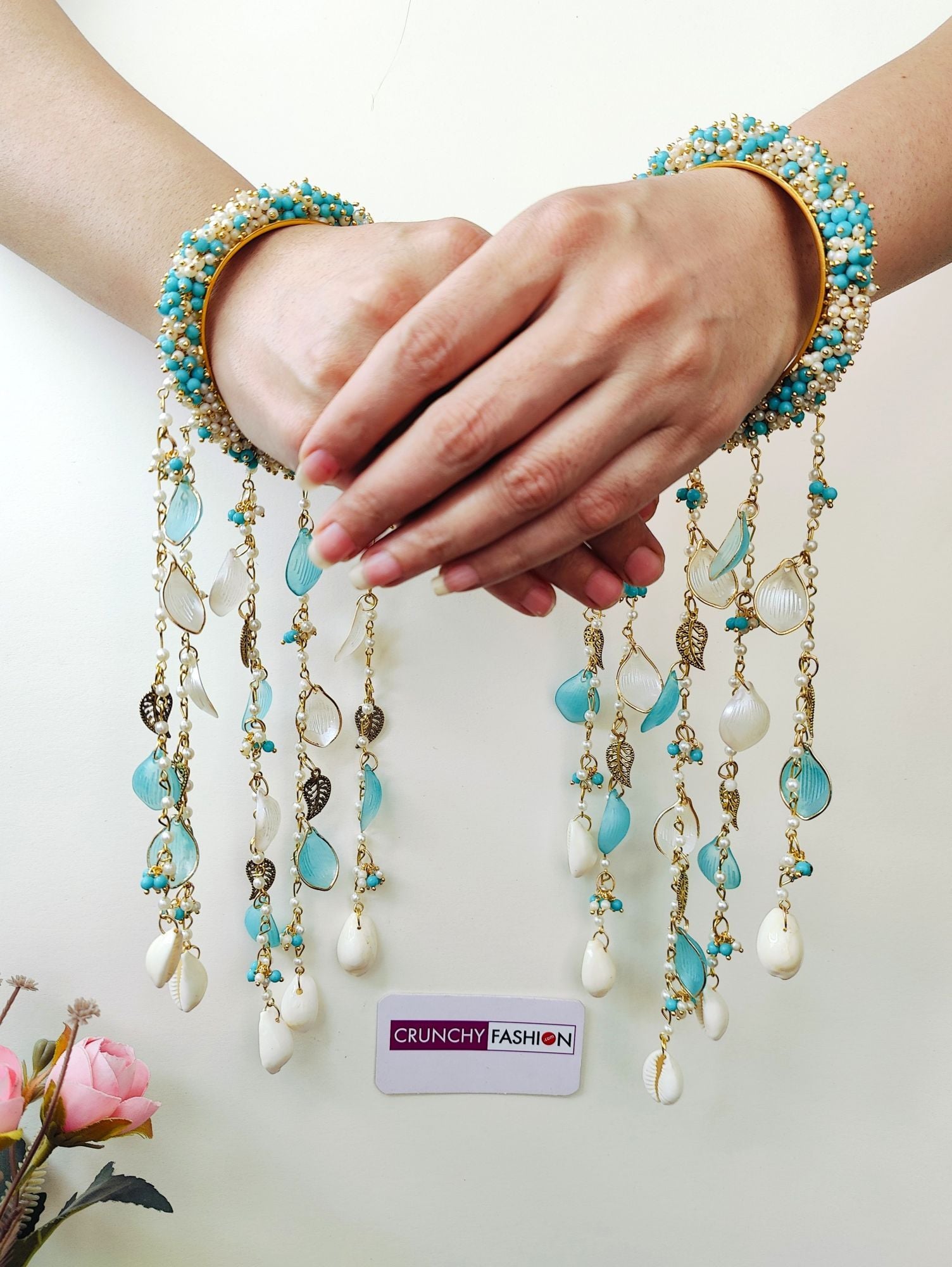 Sky Blue Bridal Pearl & Seashell Haldi Kaliras